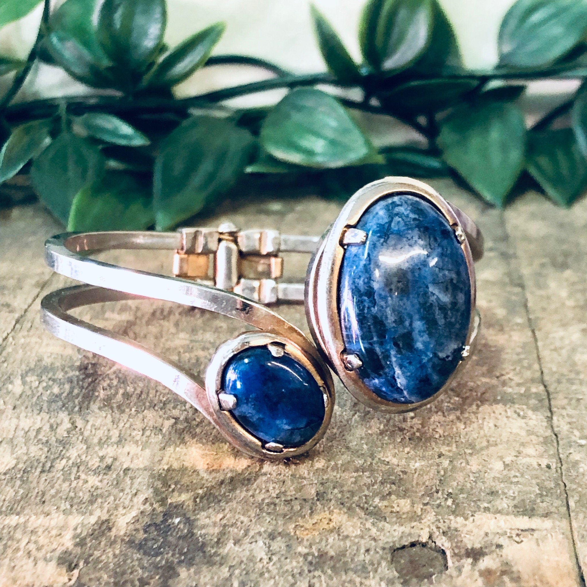 Vintage Bracelet, Cuff Bracelet, Wrap Bracelet, Hinged Bracelet, Blue Stones, Costume Jewelry, Silver Toned Cuff, Blue and Silver, Unique