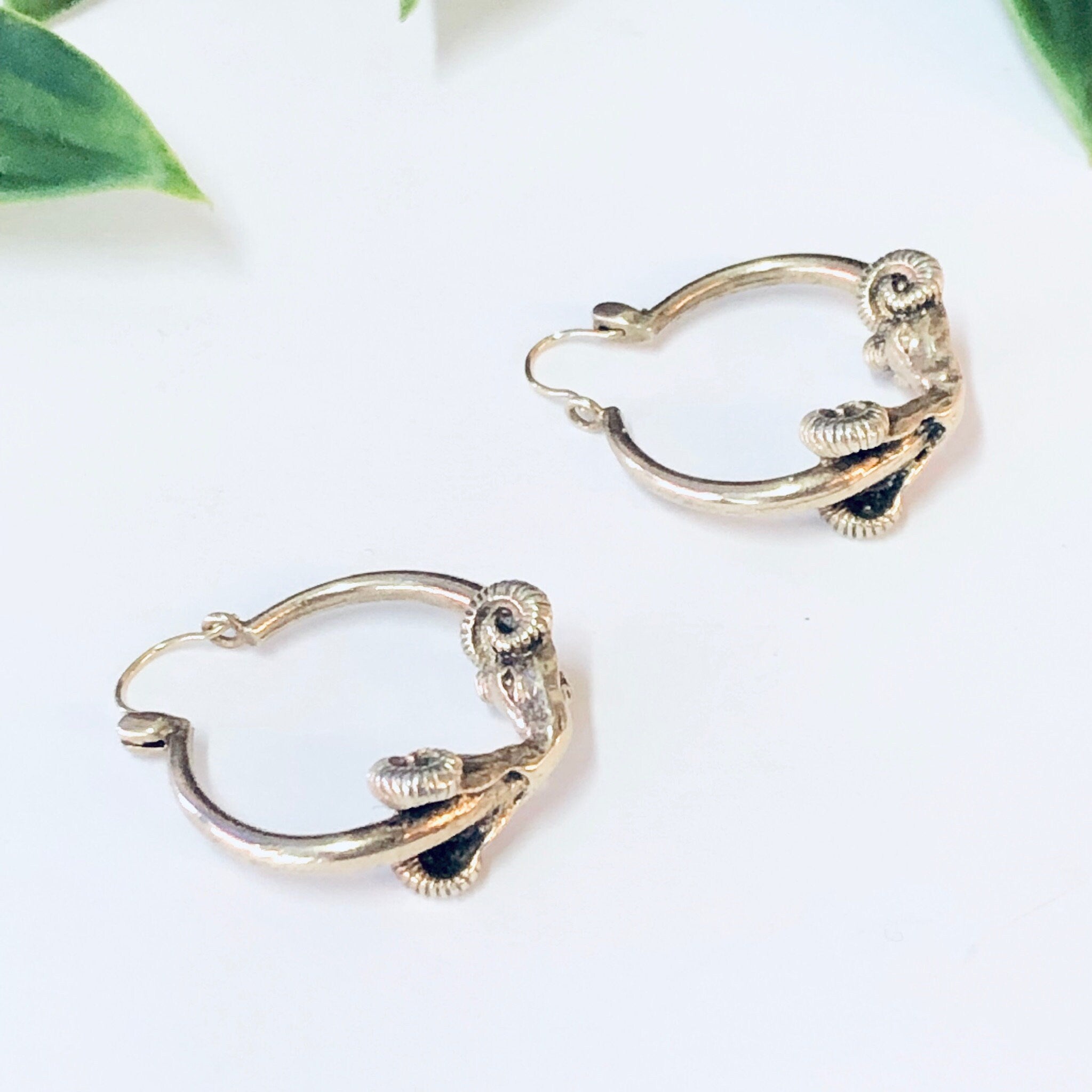 Vintage Earrings, Hoop earrings, Gold Earrings, 14K gold Earrings, Ram Earrings, Ram Jewelry, Ram Head Earrings, Unique Jewelry, Gold Ram