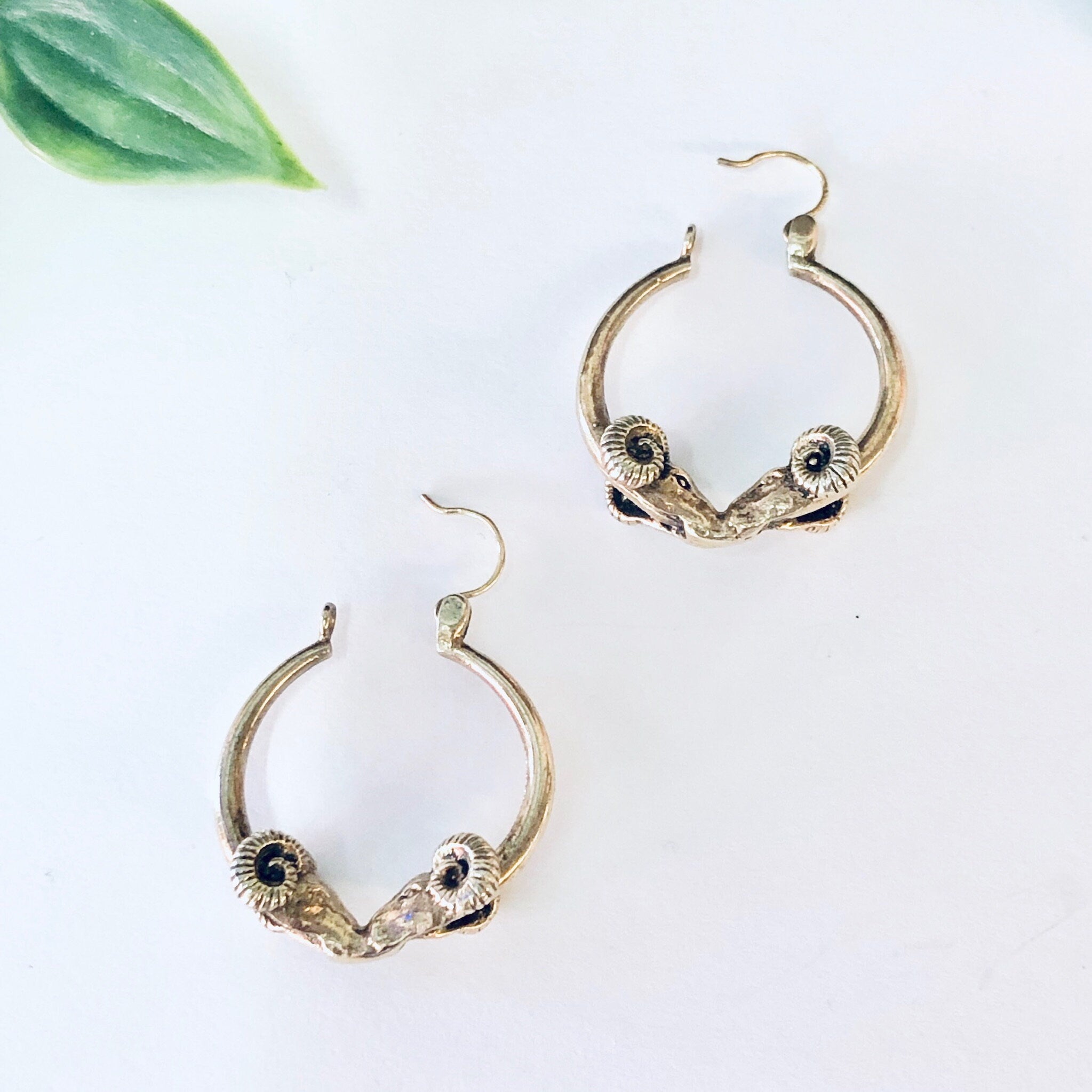 Vintage Earrings, Hoop earrings, Gold Earrings, 14K gold Earrings, Ram Earrings, Ram Jewelry, Ram Head Earrings, Unique Jewelry, Gold Ram