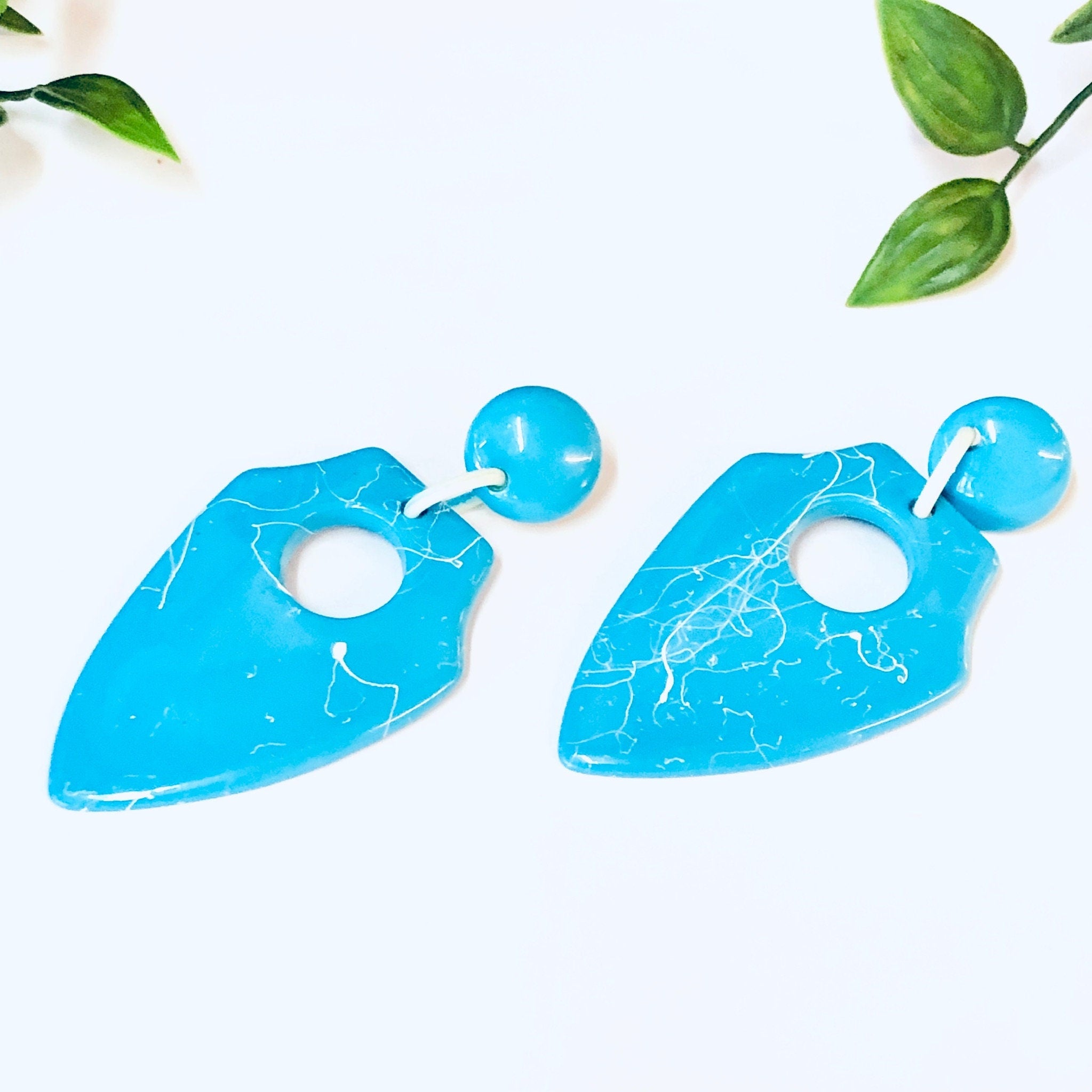 Vintage Earrings, Plastic Earrings, Blue Earrings, 80s Earrings, Dangle Earrings, Unique Jewelry, Bright Blue Jewelry, Marble Earrings,