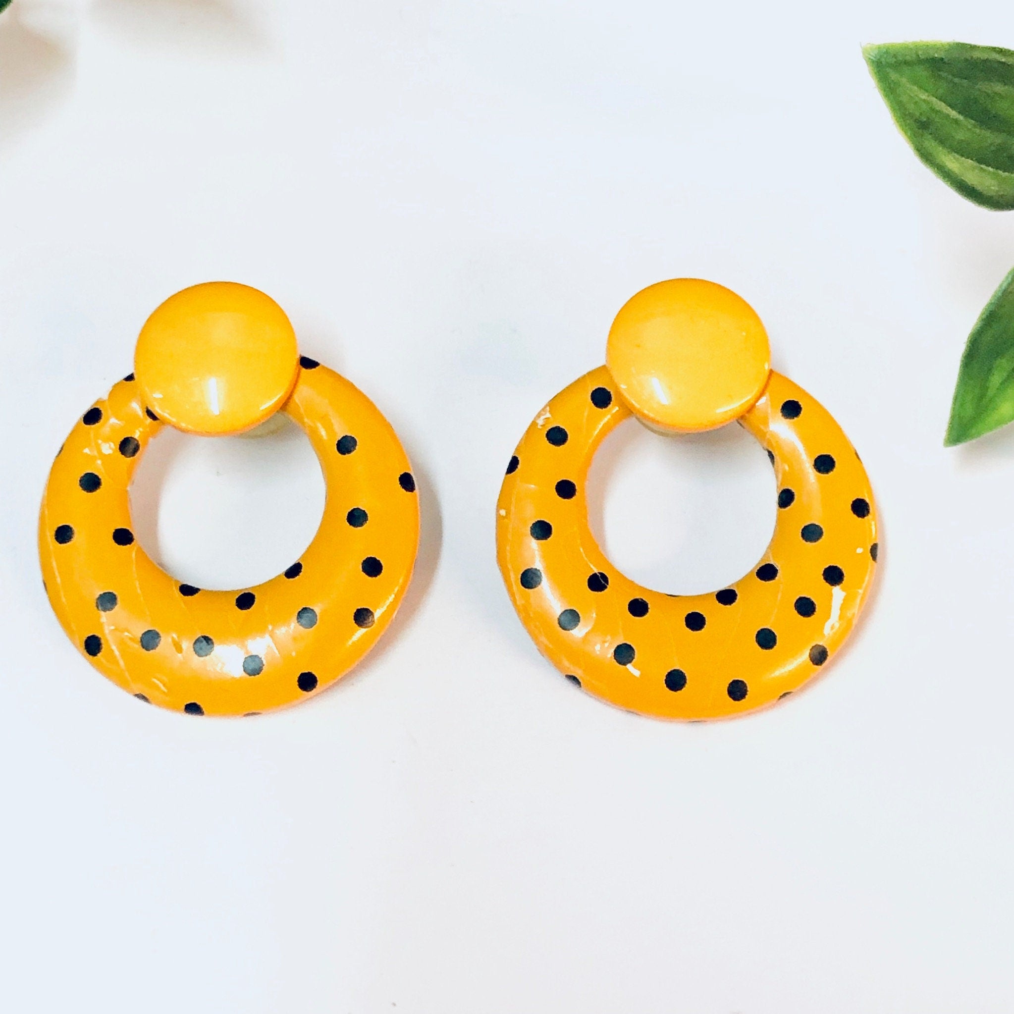 Vintage Earrings, Orange Earrings, Polka Dot Earrings, Polka Dot Jewelry, Orange and Black, Pierced Ears, Round Earrings, Costume Jewelry