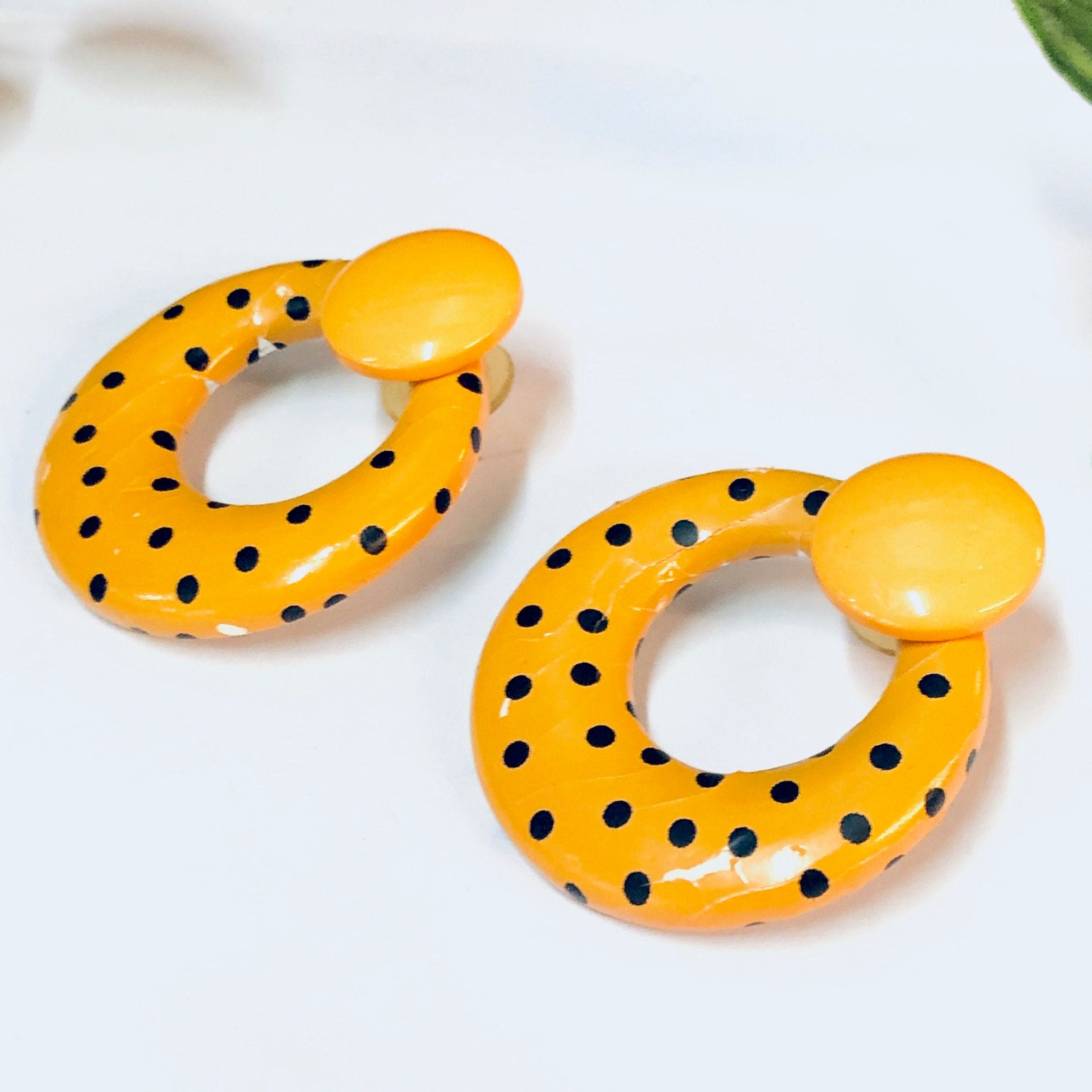 Vintage Earrings, Orange Earrings, Polka Dot Earrings, Polka Dot Jewelry, Orange and Black, Pierced Ears, Round Earrings, Costume Jewelry