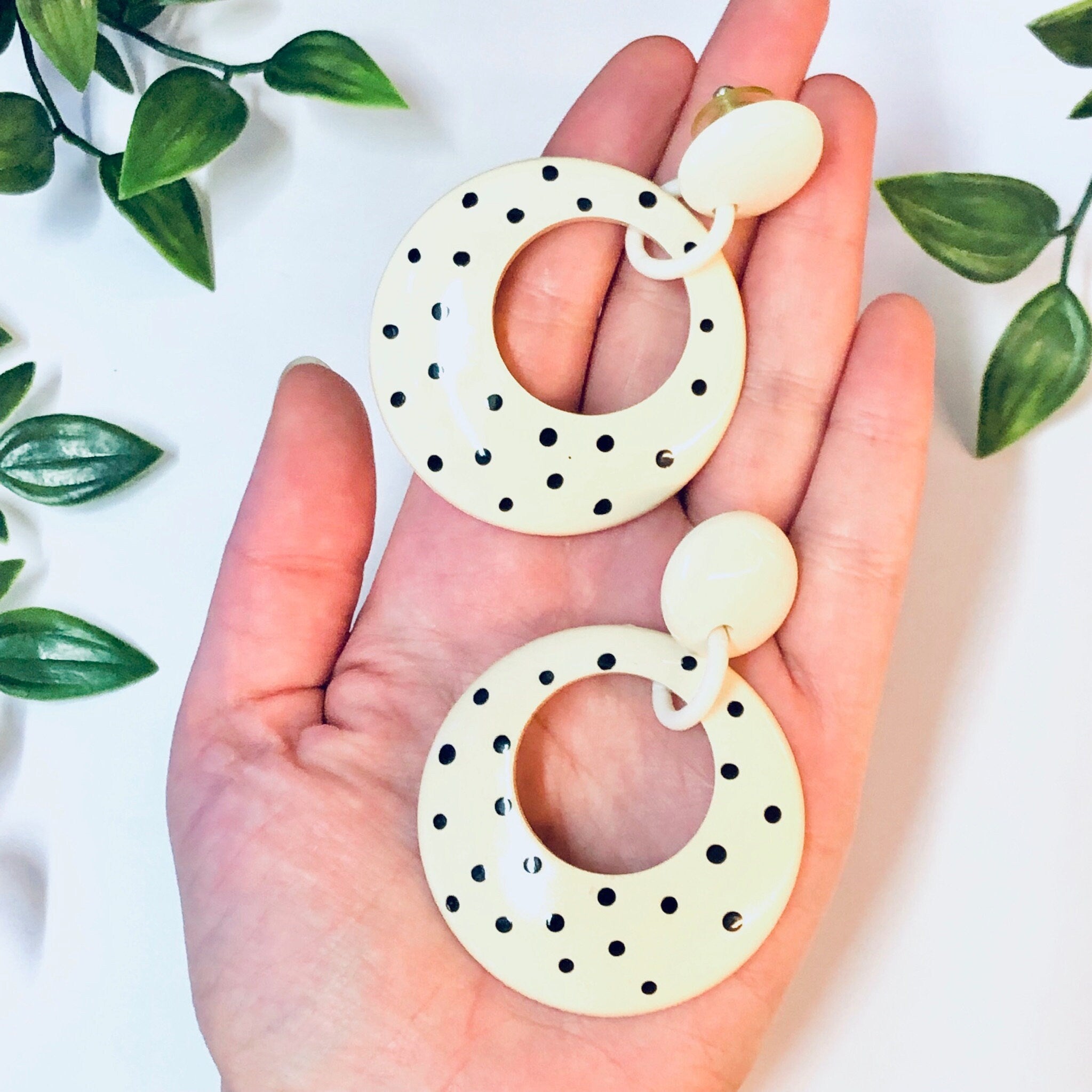 Vintage Earrings, Polka Dot Earrings, Polka Dot Jewelry, White Earrings, Black Polka Dots, Costume Jewelry, Unique Earrings, Pierced Ears