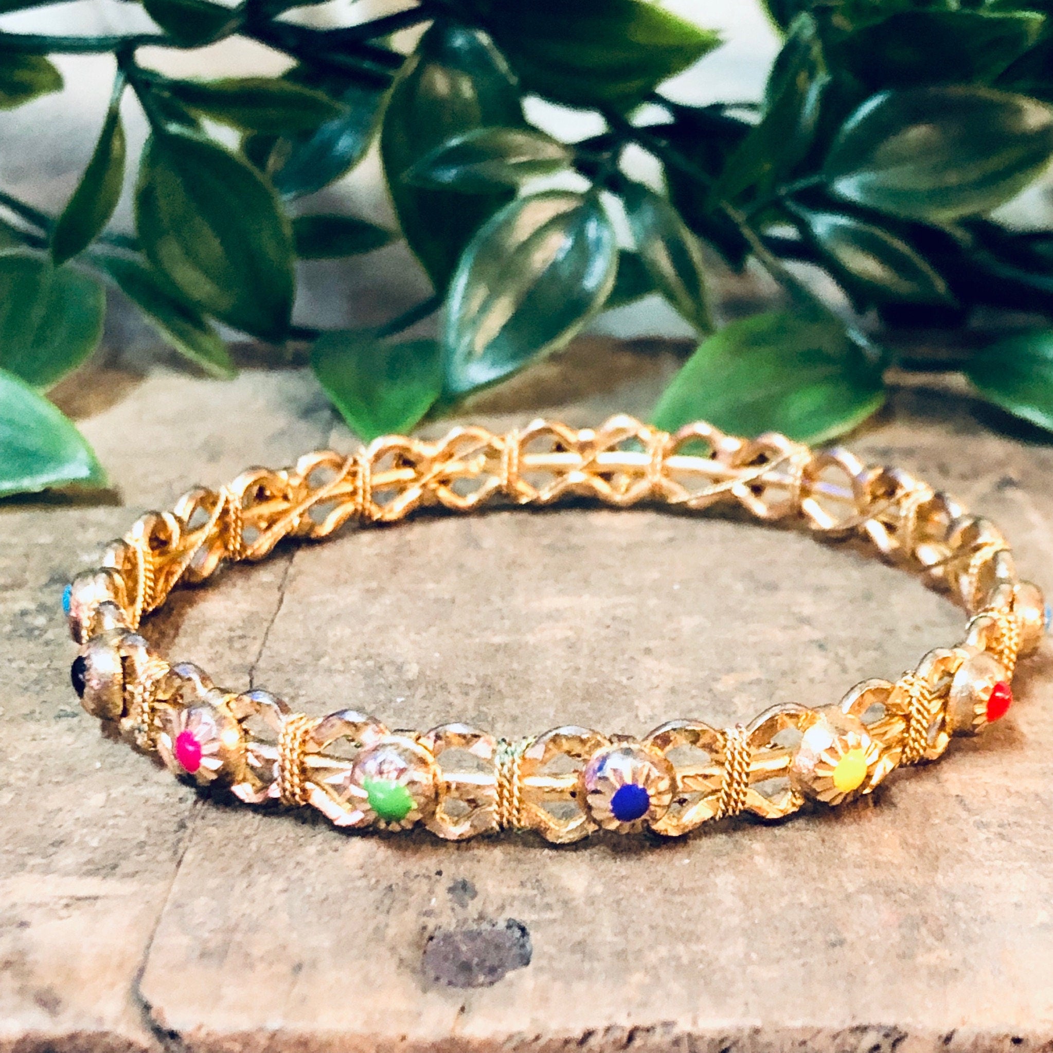 Vintage Bracelet, Bangle Bracelet, Gold Toned Jewelry, Costume Jewelry, Vintage Jewelry, Colorful Bracelet, Red, Green, Orange, Purple, Blue