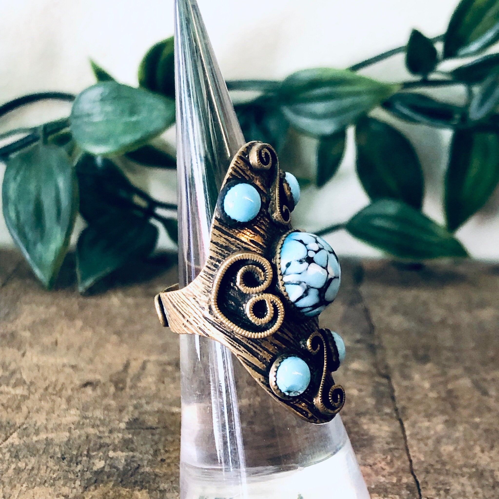 Vintage Ring, Statement Jewelry, Turquoise Jewelry, Brass Ring, Costume Jewelry, Unique Ring, Large Ring, Gold and Blue, Brass Toned Ring,
