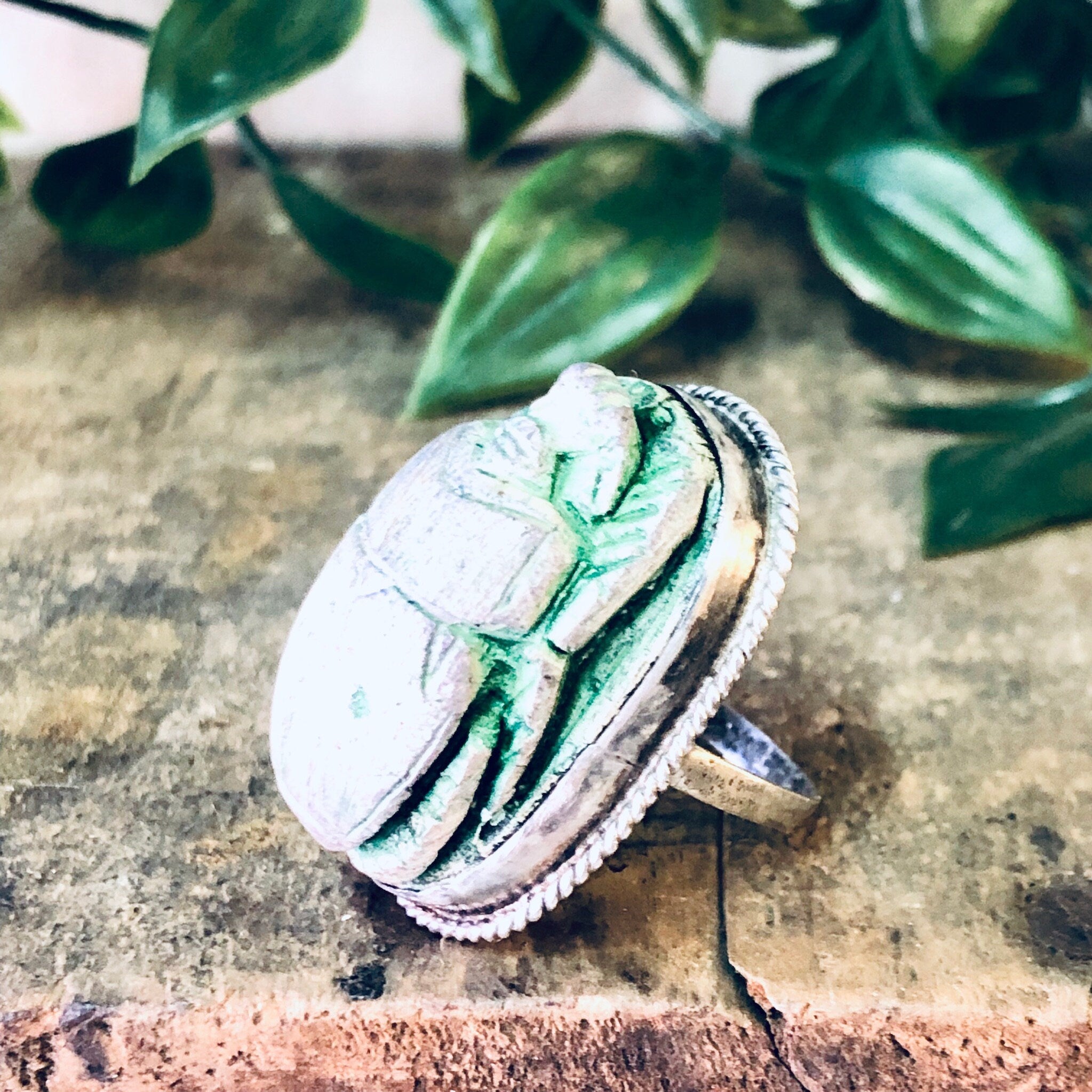 Vintage Ring, Silver Ring, Scarab Ring, Green Scarab, Wooden Scarab, Scarab Bead, Bead Ring, Large Ring, Cocktail Ring, Green Jewelry, 925