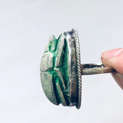 Vintage Ring, Silver Ring, Scarab Ring, Green Scarab, Wooden Scarab, Scarab Bead, Bead Ring, Large Ring, Cocktail Ring, Green Jewelry, 925