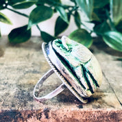 Vintage Ring, Silver Ring, Scarab Ring, Green Scarab, Wooden Scarab, Scarab Bead, Bead Ring, Large Ring, Cocktail Ring, Green Jewelry, 925
