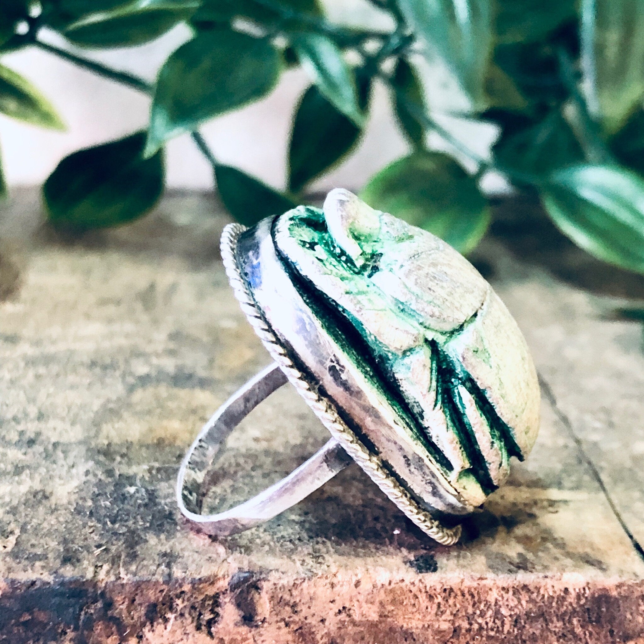 Vintage Ring, Silver Ring, Scarab Ring, Green Scarab, Wooden Scarab, Scarab Bead, Bead Ring, Large Ring, Cocktail Ring, Green Jewelry, 925