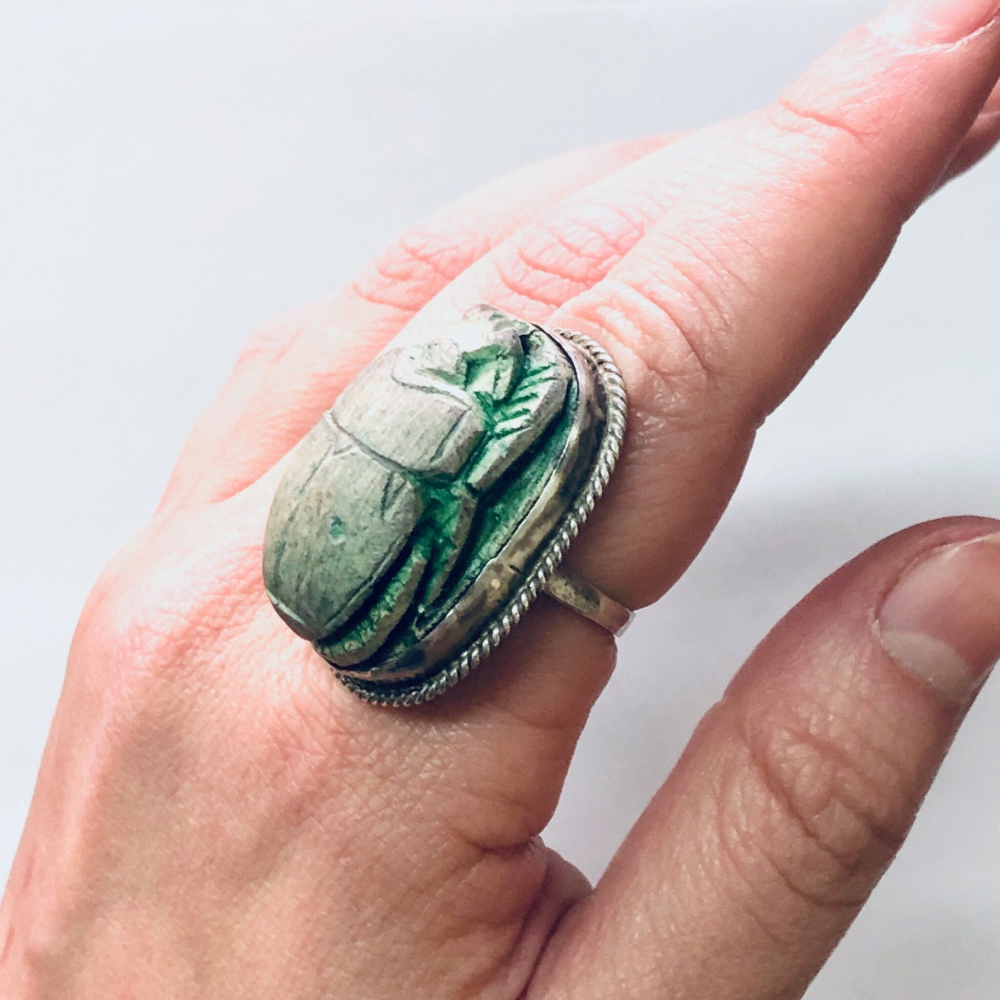 Vintage Ring, Silver Ring, Scarab Ring, Green Scarab, Wooden Scarab, Scarab Bead, Bead Ring, Large Ring, Cocktail Ring, Green Jewelry, 925