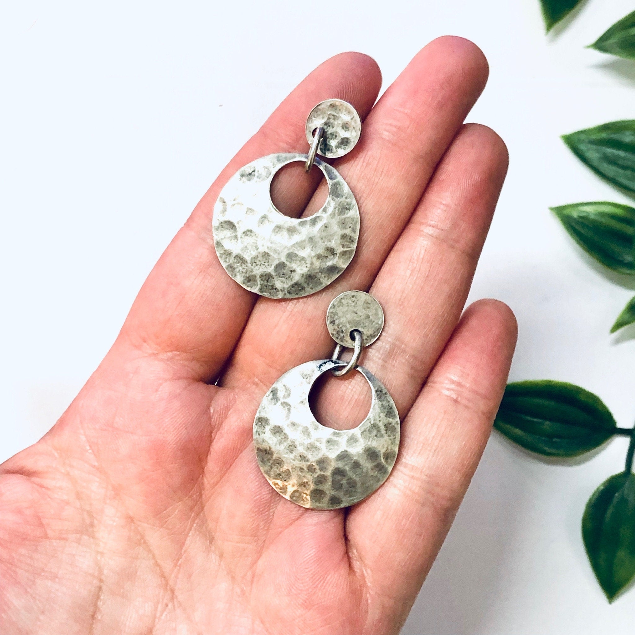 Vintage Earrings, Silver Earrings, Hammered Silver, Hammered Earrings, Pierced Ears, Dangle Earrings, Vintage Jewelry, Unique Earrings, 925