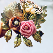 Vintage Brooch, Floral Brooch, Costume Jewelry, Vintage Jewelry, Gold Toned Pin, Pink Flowers, Rose Pin, Leaf Pin, Floral Design, Unique Pin