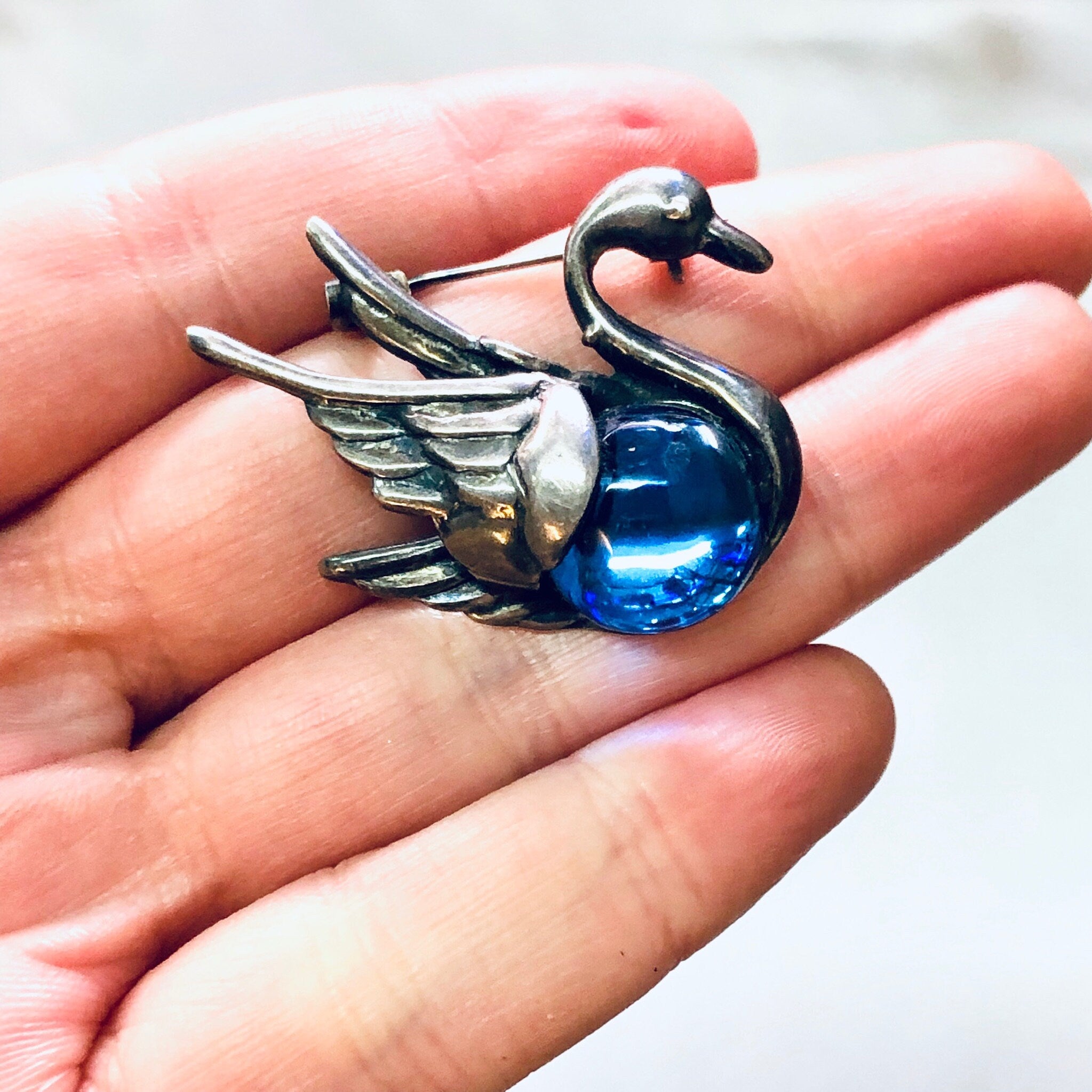 Vintage Pin, Silver Brooch, Vintage Brooch, Vintage jewelry, Bird Jewelry, Swan Pin, Blue Stone, Silver and Blue, Bird Brooch, Duck Pin, 925
