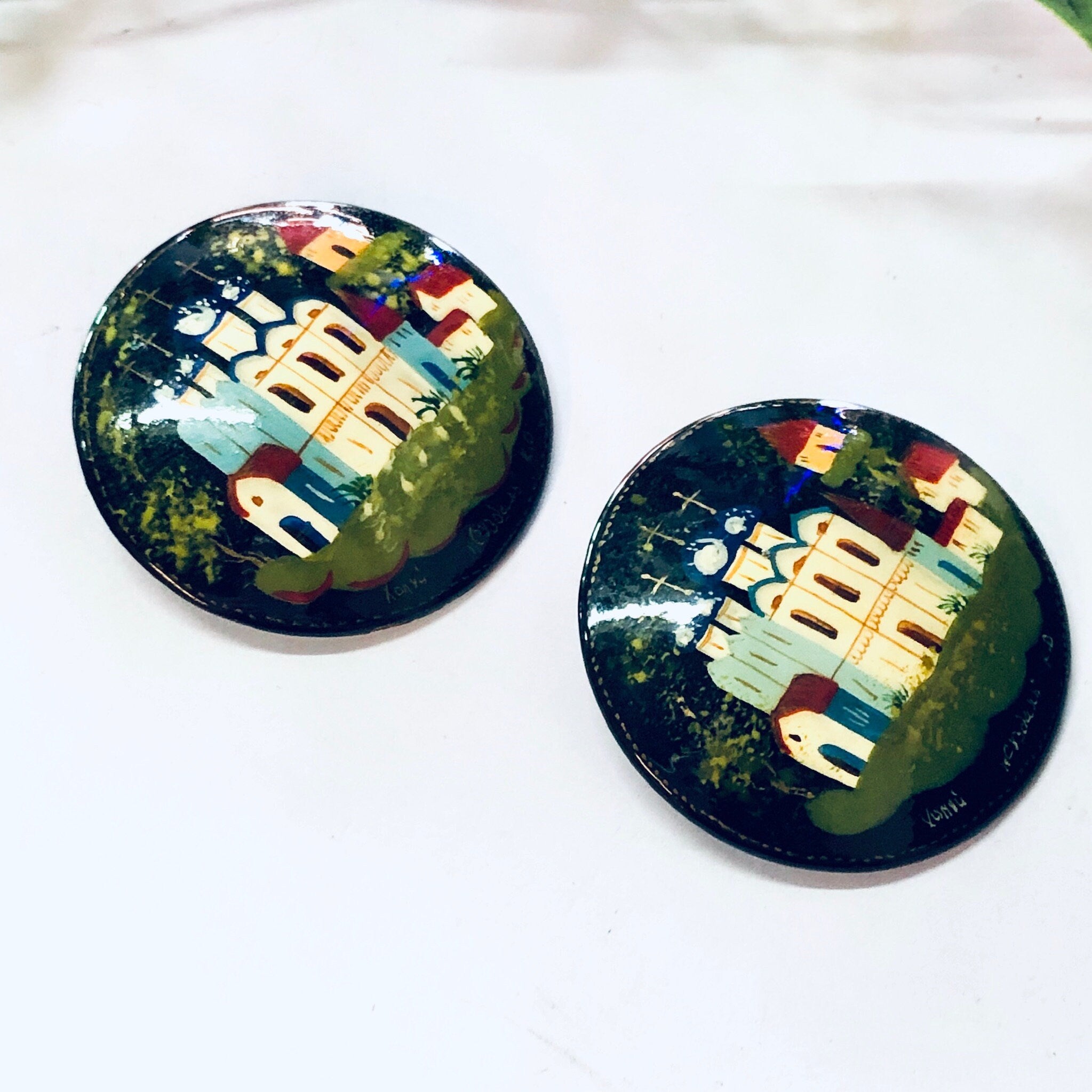 Vintage Brooch, Russian Lacquer Pin, Hand Painted Brooch, Vintage Pin, Religious Jewelry, Black Pin, Church Pin, Colorful Jewelry, Blue Pin