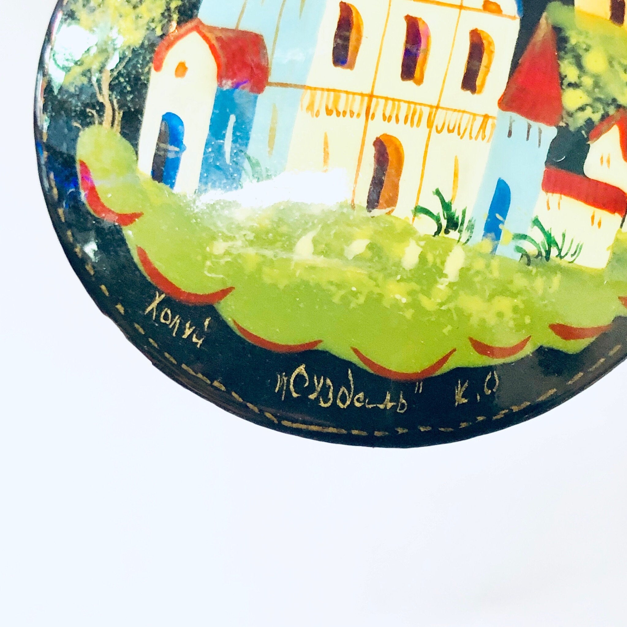 Vintage Brooch, Russian Lacquer Pin, Hand Painted Brooch, Vintage Pin, Religious Jewelry, Black Pin, Church Pin, Colorful Jewelry, Blue Pin