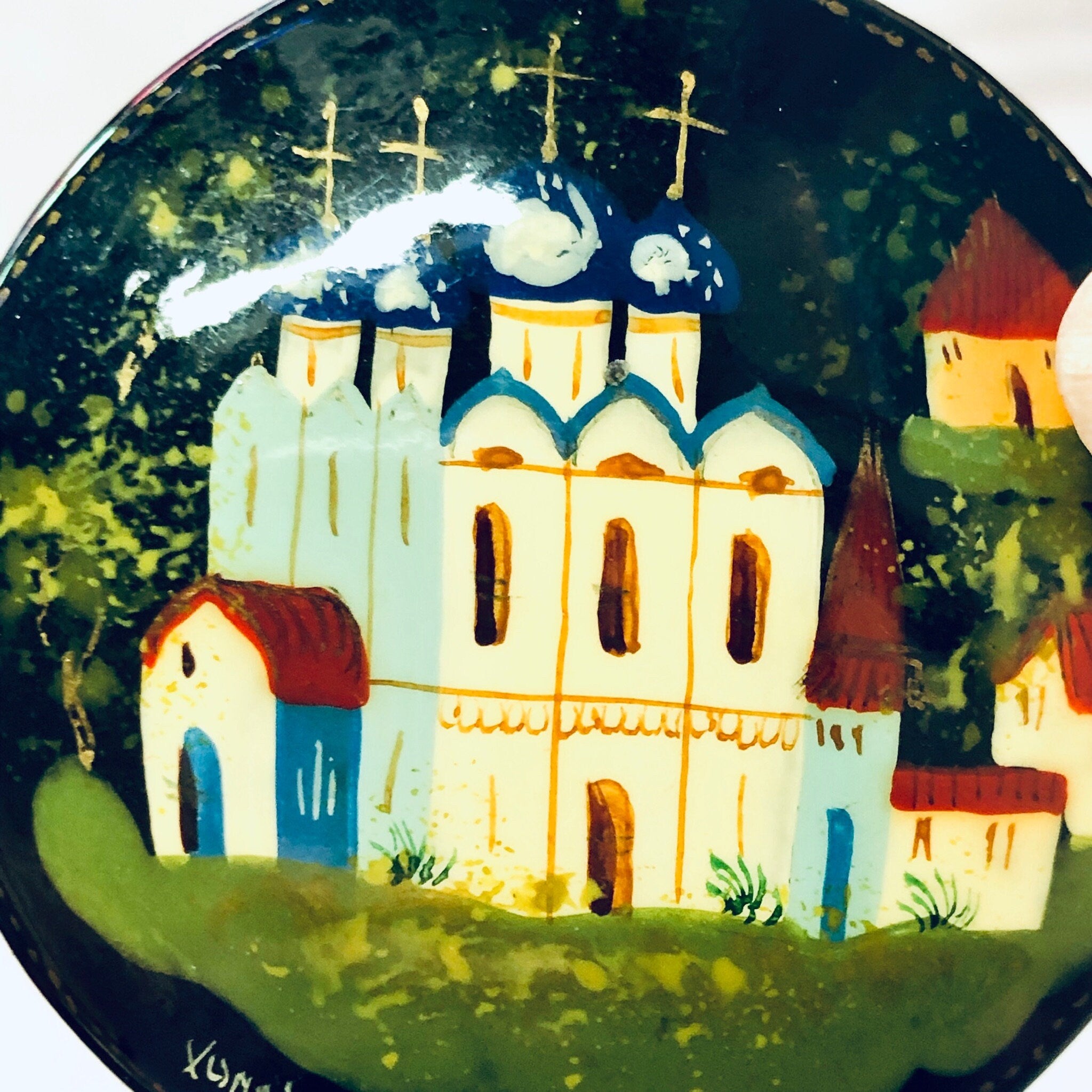 Vintage Brooch, Russian Lacquer Pin, Hand Painted Brooch, Vintage Pin, Religious Jewelry, Black Pin, Church Pin, Colorful Jewelry, Blue Pin