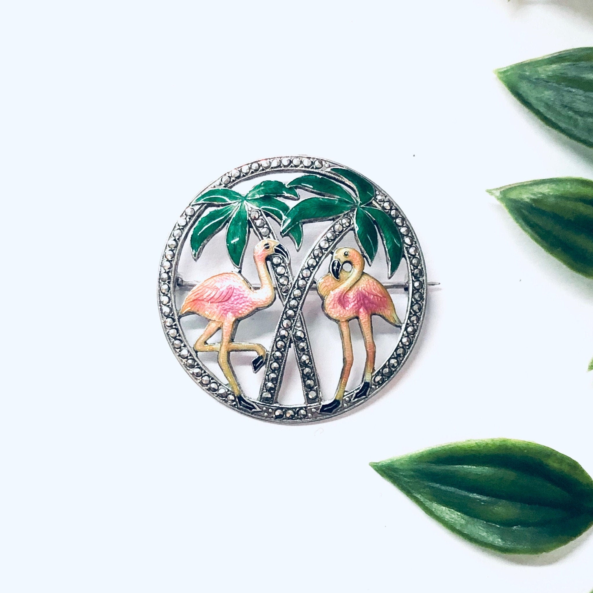 Vintage Brooch, Silver Brooch, Flamingo Brooch, Enamel Pin, Pink Flamingo, Palm Tree Pin, Marcasite Brooch, Unique Jewelry, Vintage Pin, 925