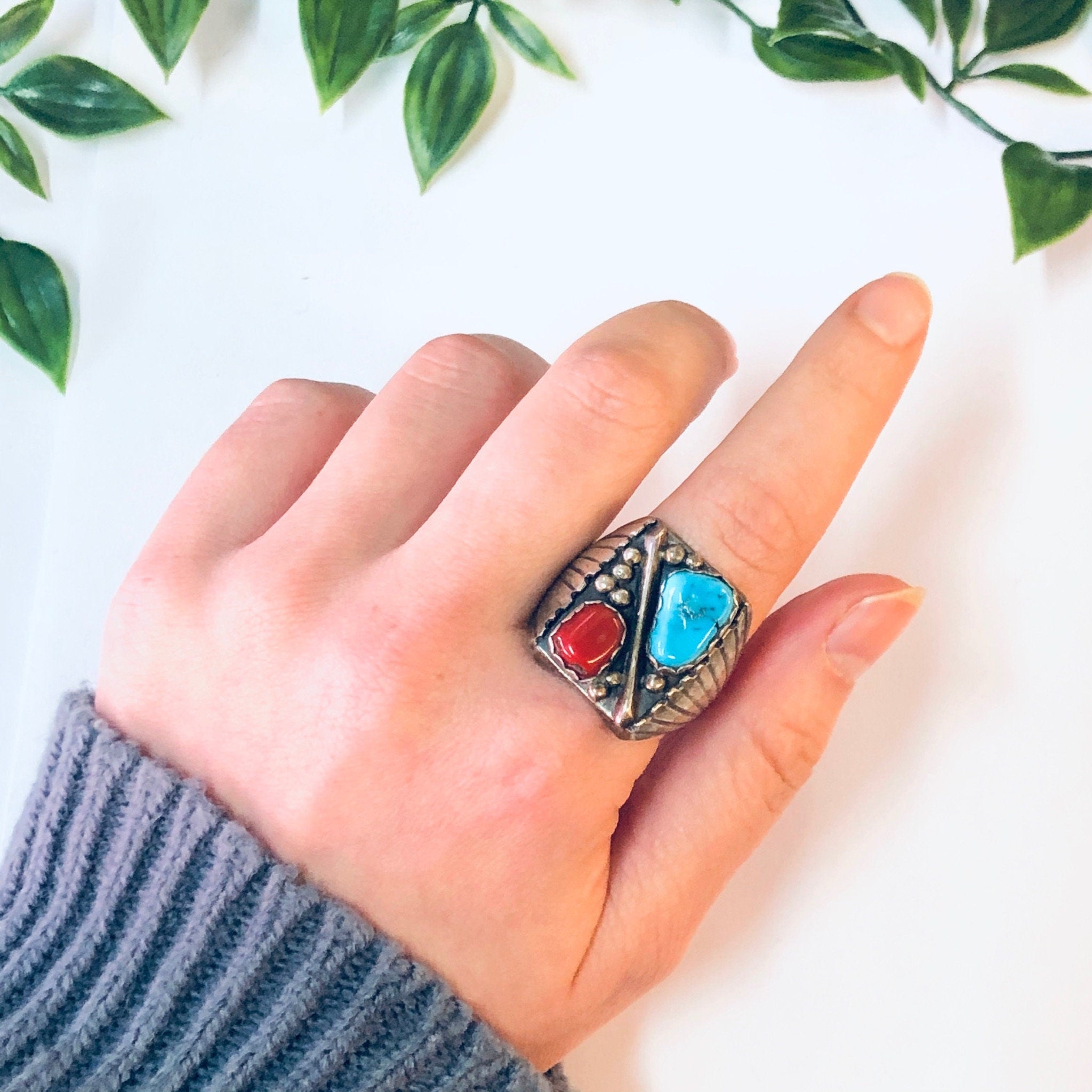 Vintage Ring, Silver Ring, Turquoise Jewelry, Coral Ring, Vintage Jewelry, Unique Ring, Large Ring, Red and Blue, Statement Ring, 925 Ring