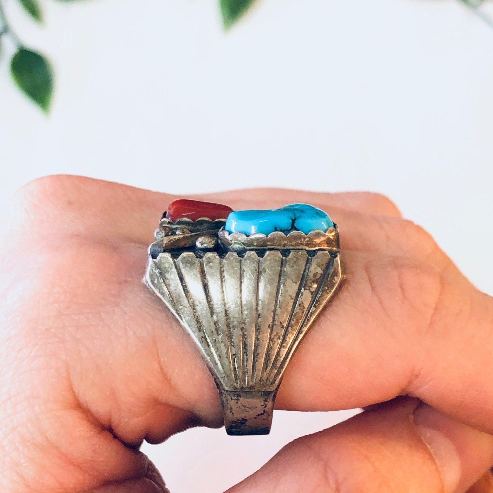 Vintage Ring, Silver Ring, Turquoise Jewelry, Coral Ring, Vintage Jewelry, Unique Ring, Large Ring, Red and Blue, Statement Ring, 925 Ring