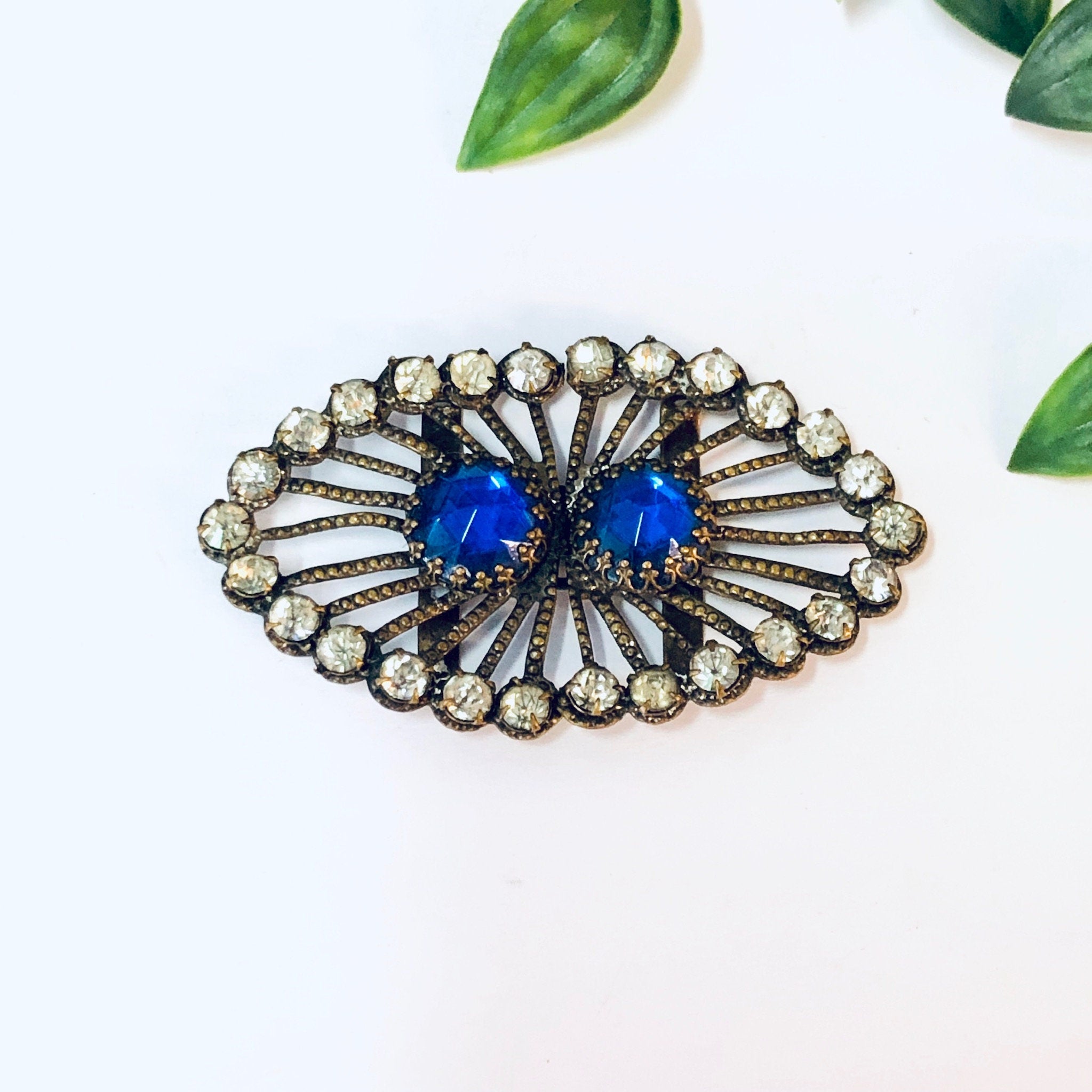 Vintage Belt Buckle, Victorian Belt Buckle, Victorian Buckle, Blue Rhinestones, Rhinestone Buckle, Vintage Accessories, Brass Buckle, Small