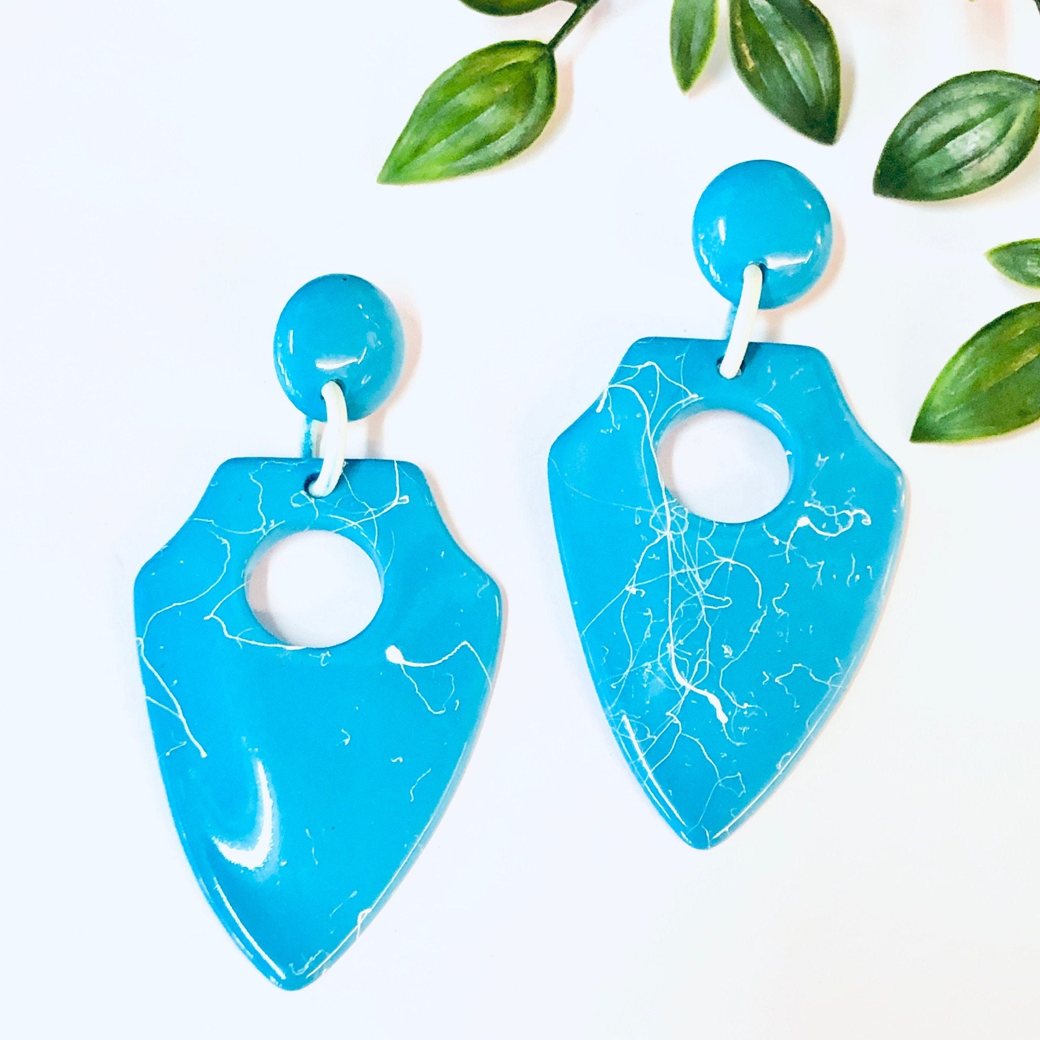 Vintage Earrings, Plastic Earrings, Blue Earrings, 80s Earrings, Dangle Earrings, Unique Jewelry, Bright Blue Jewelry, Marble Earrings,