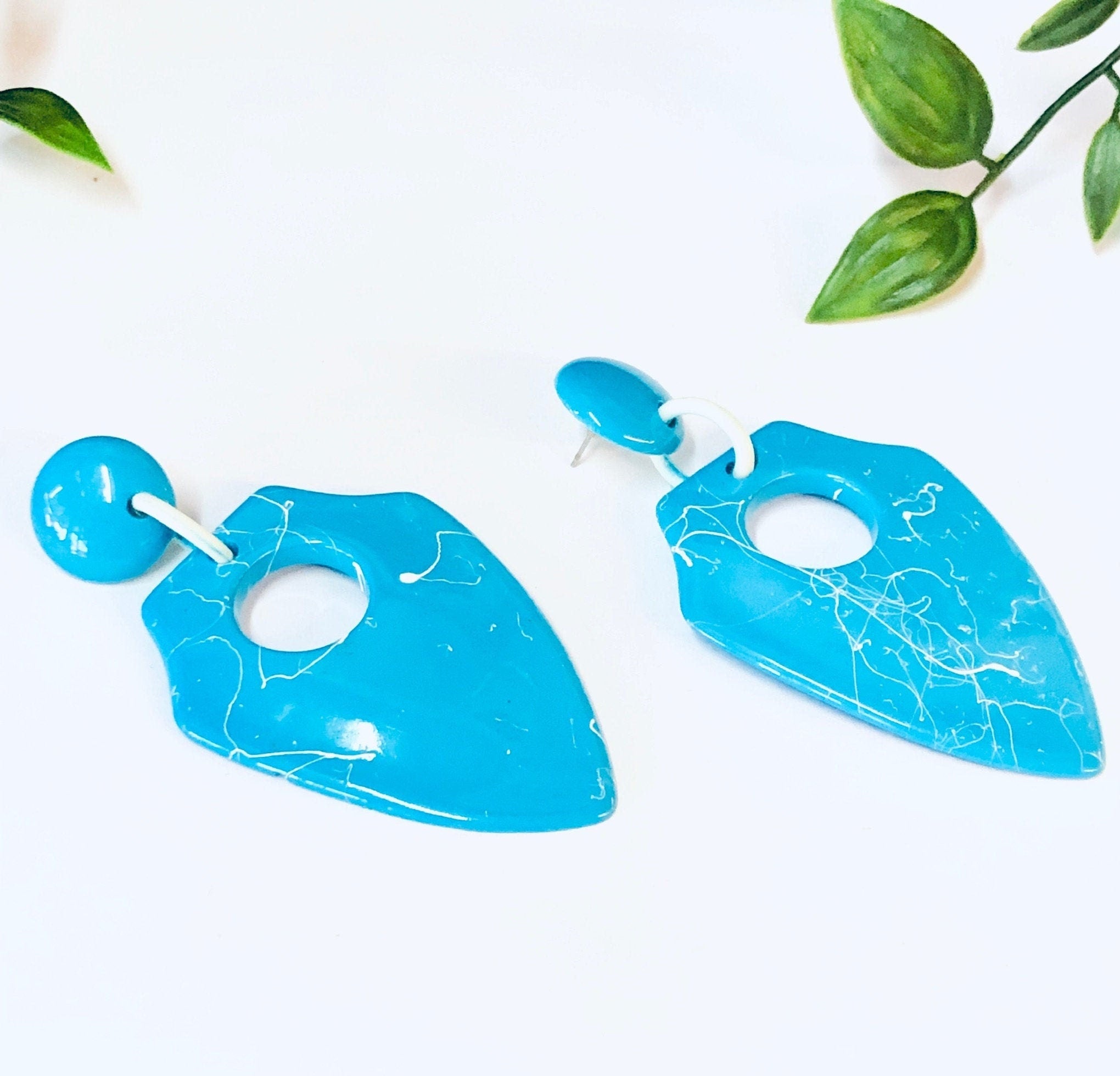 Vintage Earrings, Plastic Earrings, Blue Earrings, 80s Earrings, Dangle Earrings, Unique Jewelry, Bright Blue Jewelry, Marble Earrings,