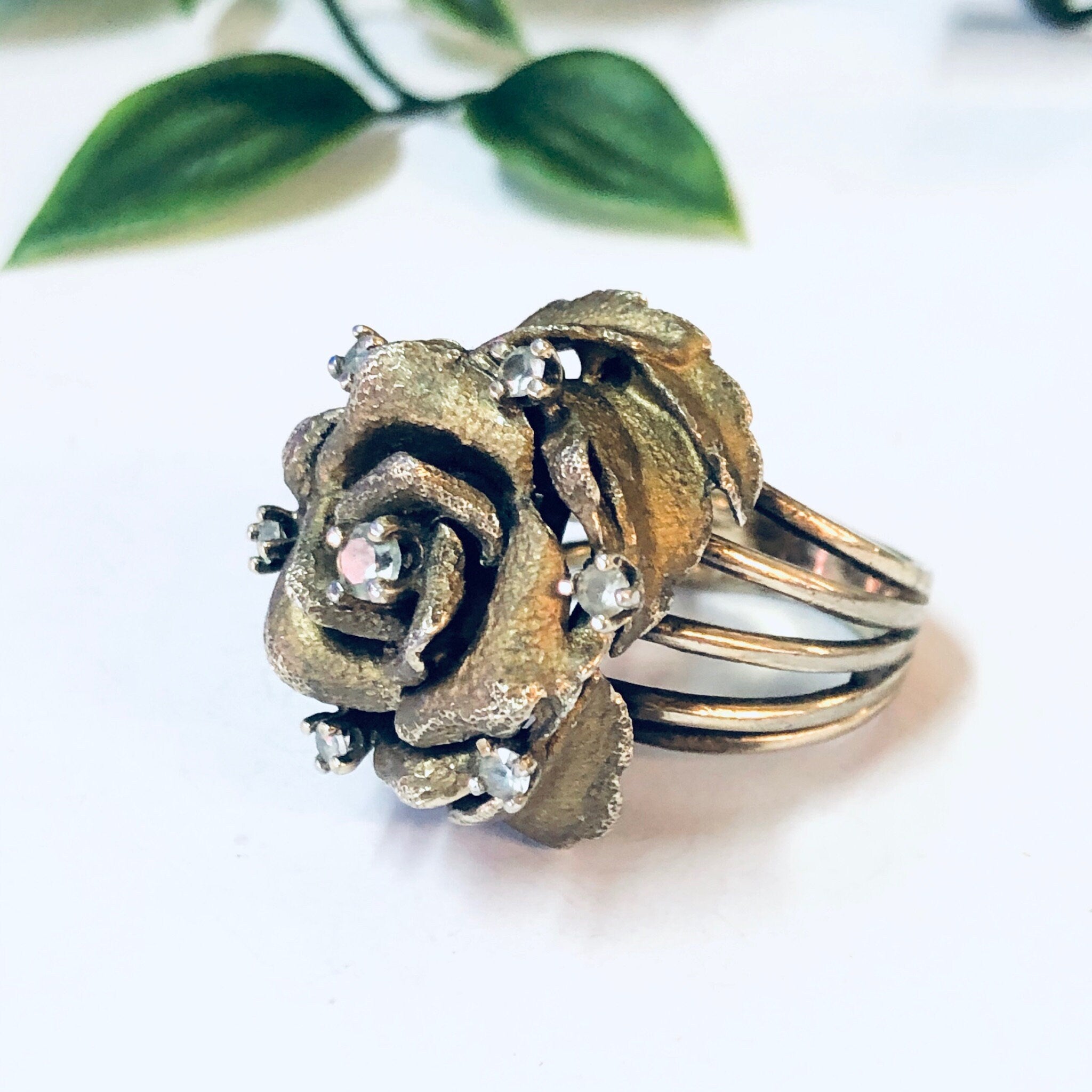 Vintage Ring, Silver Vermeil Ring, Les Bernard Ring, Rhinestone Ring, Flower Ring, Large Cocktail Ring, Silver Ring, Vermeil Ring, Floral