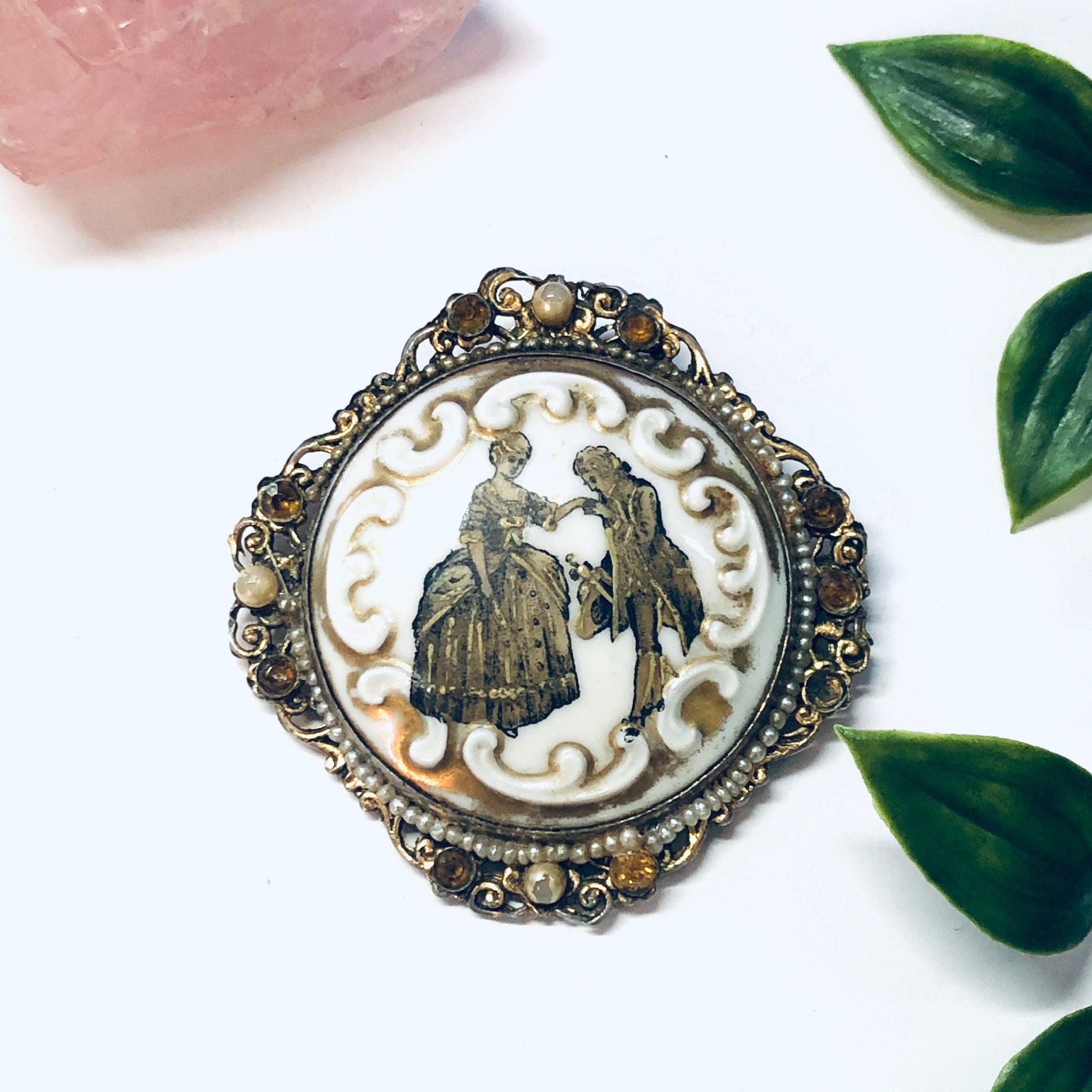 Vintage Brooch, Gold Toned Brooch, Beaded Brooch, Large Brooch, Vintage Pin, Large Pin, Vintage Jewelry, Victorian Jewelry, Unique Brooch