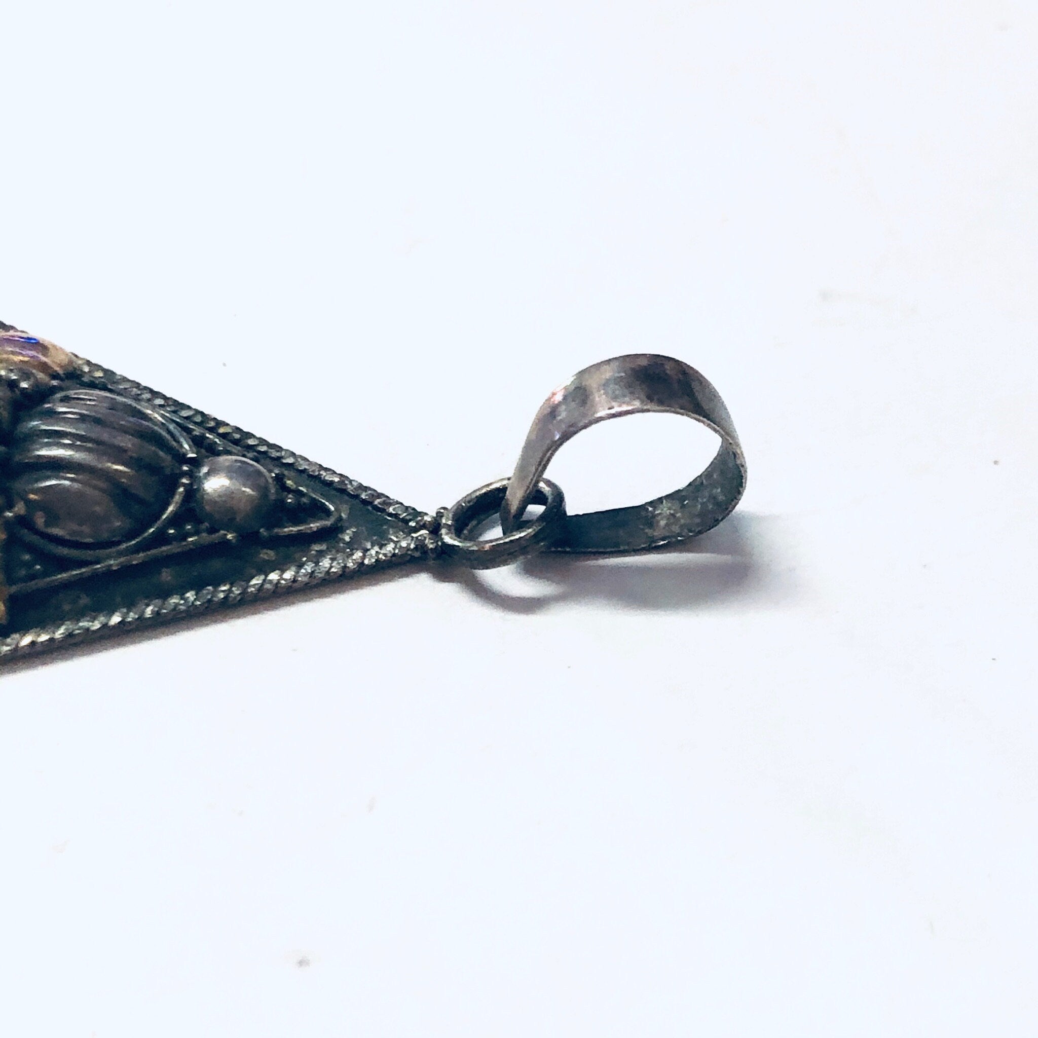 Vintage Pendant, Silver Pendant, Lapis Pendant, Blue Lapis Jewelry, Gold Accents, Triangle Pendant, Silver and Blue, Blue and Gold, Unique