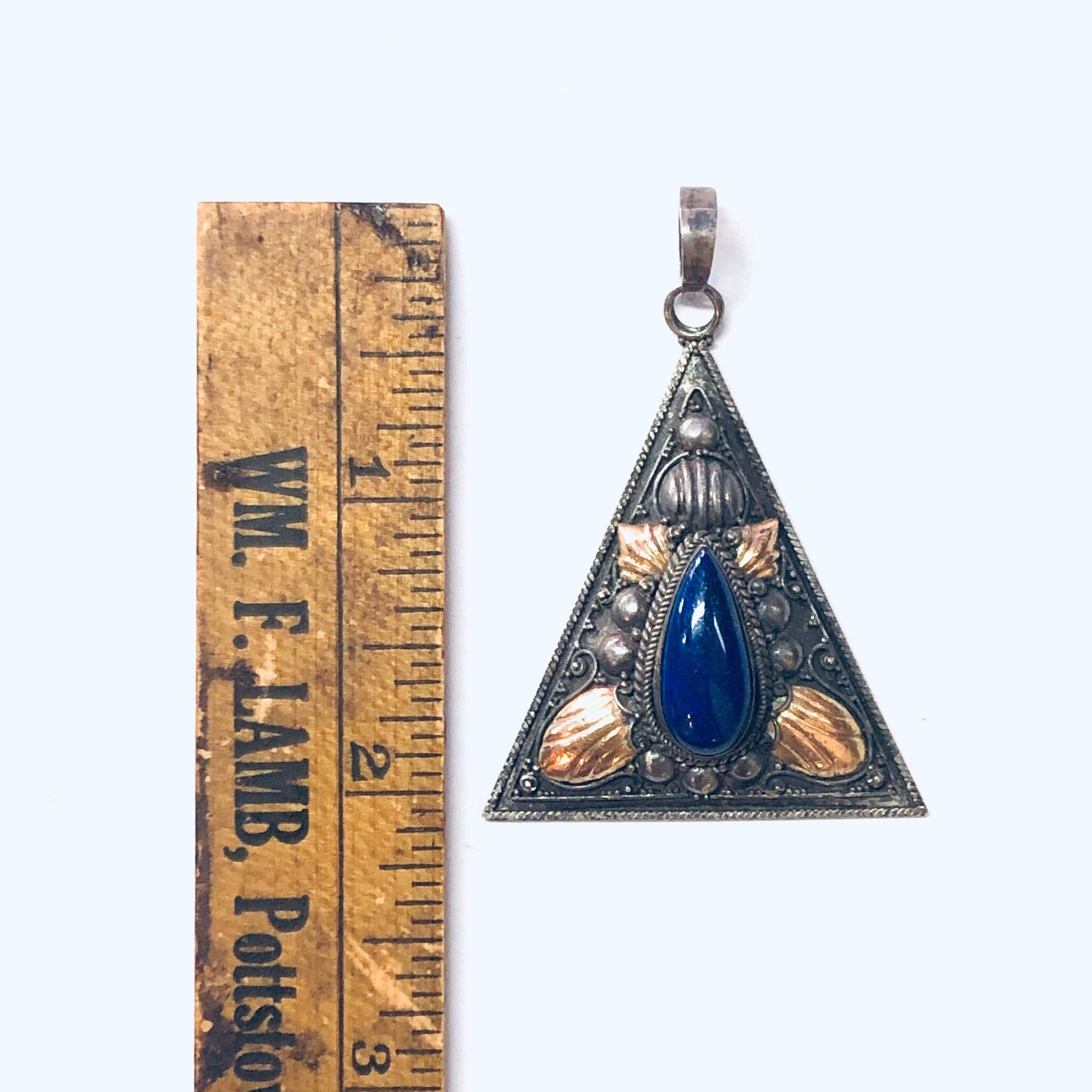 Vintage Pendant, Silver Pendant, Lapis Pendant, Blue Lapis Jewelry, Gold Accents, Triangle Pendant, Silver and Blue, Blue and Gold, Unique