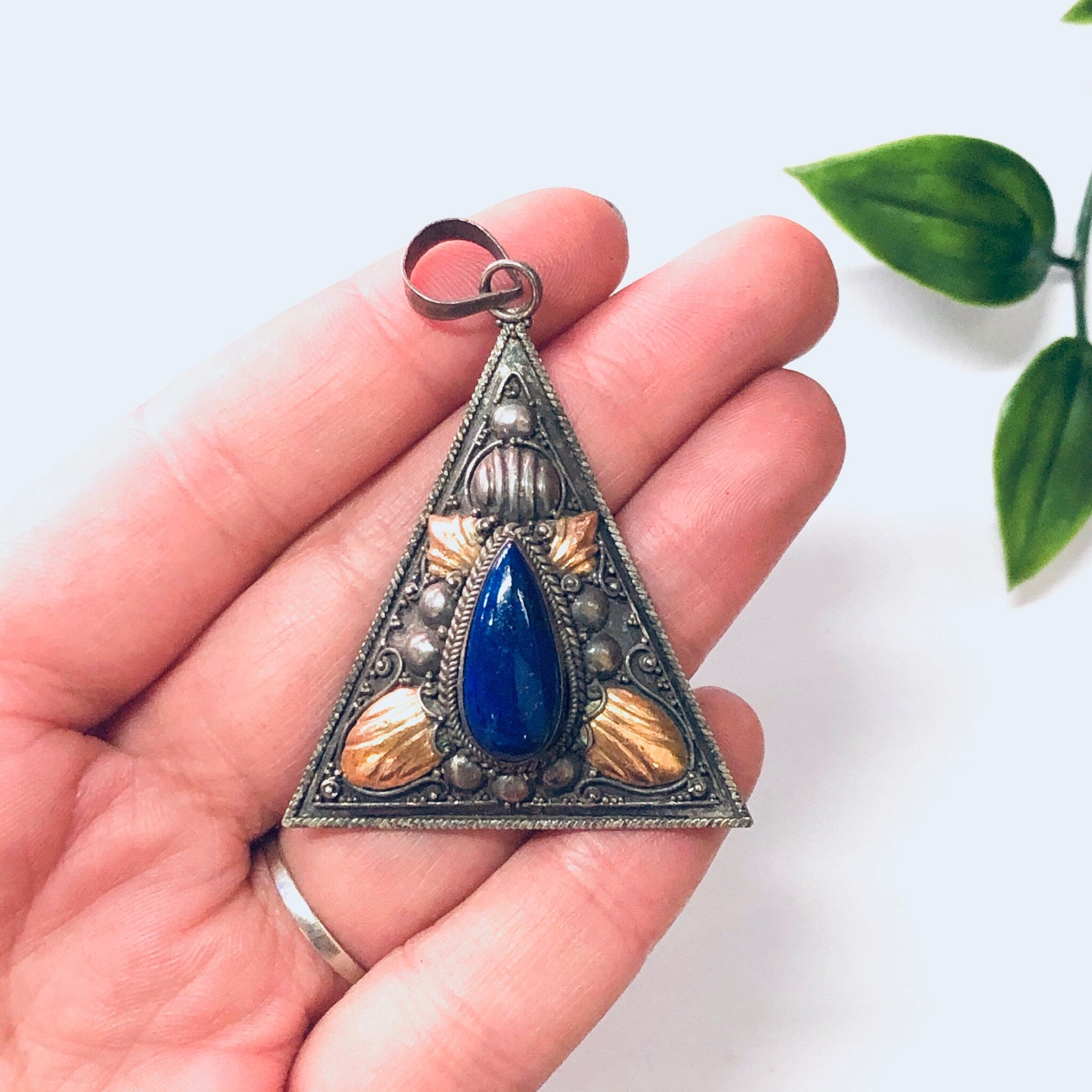 Vintage Pendant, Silver Pendant, Lapis Pendant, Blue Lapis Jewelry, Gold Accents, Triangle Pendant, Silver and Blue, Blue and Gold, Unique