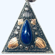 Vintage Pendant, Silver Pendant, Lapis Pendant, Blue Lapis Jewelry, Gold Accents, Triangle Pendant, Silver and Blue, Blue and Gold, Unique