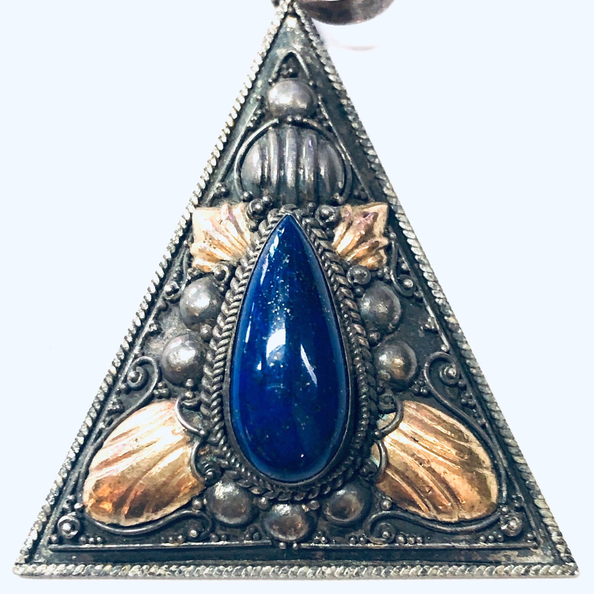 Vintage Pendant, Silver Pendant, Lapis Pendant, Blue Lapis Jewelry, Gold Accents, Triangle Pendant, Silver and Blue, Blue and Gold, Unique