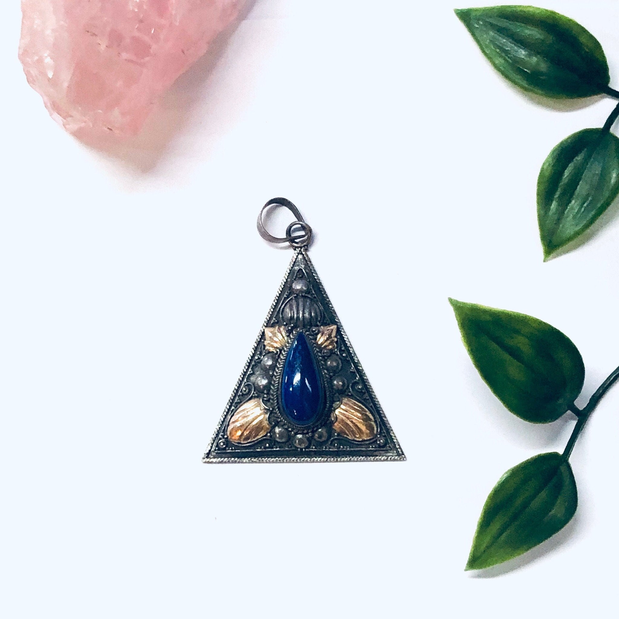Vintage Pendant, Silver Pendant, Lapis Pendant, Blue Lapis Jewelry, Gold Accents, Triangle Pendant, Silver and Blue, Blue and Gold, Unique
