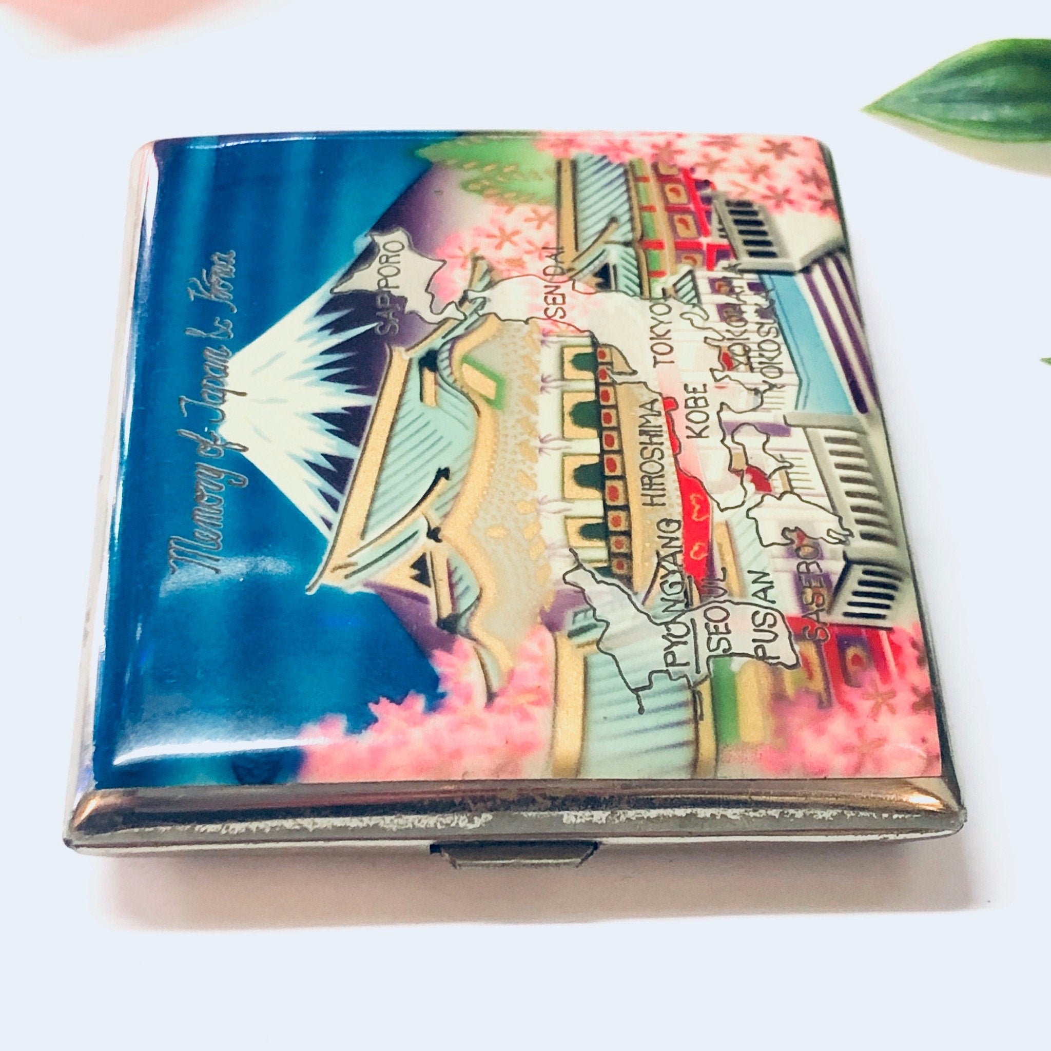 Vintage Case, Cigarette Case, Business Card Case, Souvenir From Japan, Souvenir From Korea, Map Souvenir, Map Case, Mountain Case, Blue Case