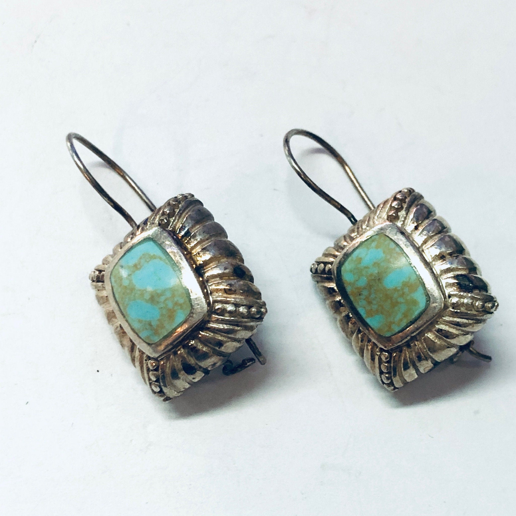 Vintage Earrings, Silver Earrings, Blue Stone, Green Stone, Turquoise Earrings, Dangle Earrings, Pierced Ears, Unique Earrings, Vintage 925