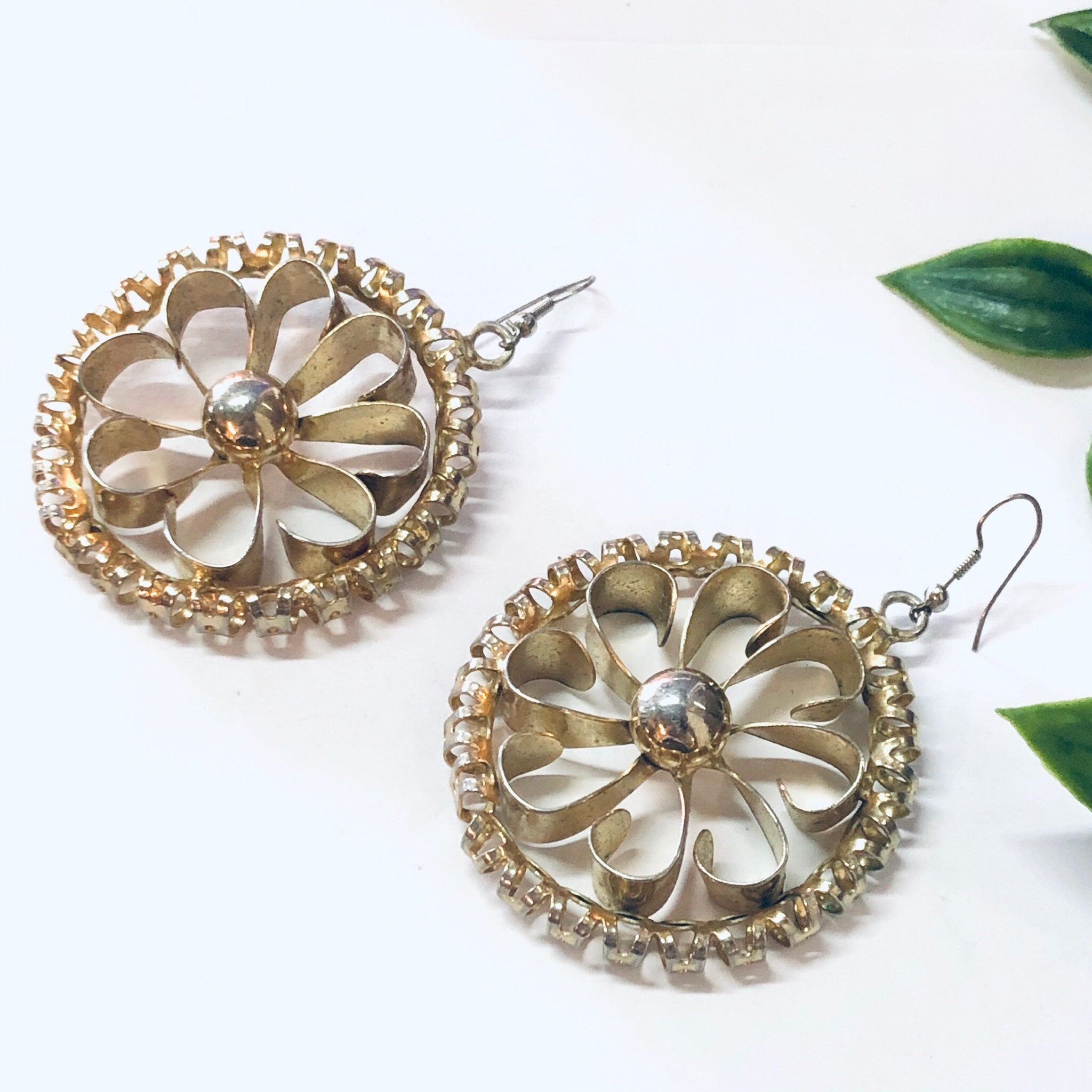 Vintage Earrings, Gold Toned Earrings, Flower Earrings, Large Earrings, Flower Power, Retro Jewelry, Pierced Ears, Hippie Earrings, Unique