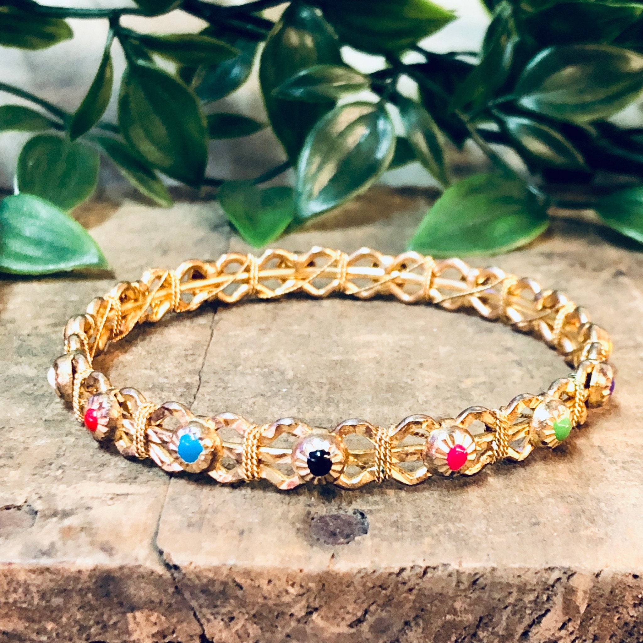 Vintage Bracelet, Bangle Bracelet, Gold Toned Jewelry, Costume Jewelry, Vintage Jewelry, Colorful Bracelet, Red, Green, Orange, Purple, Blue