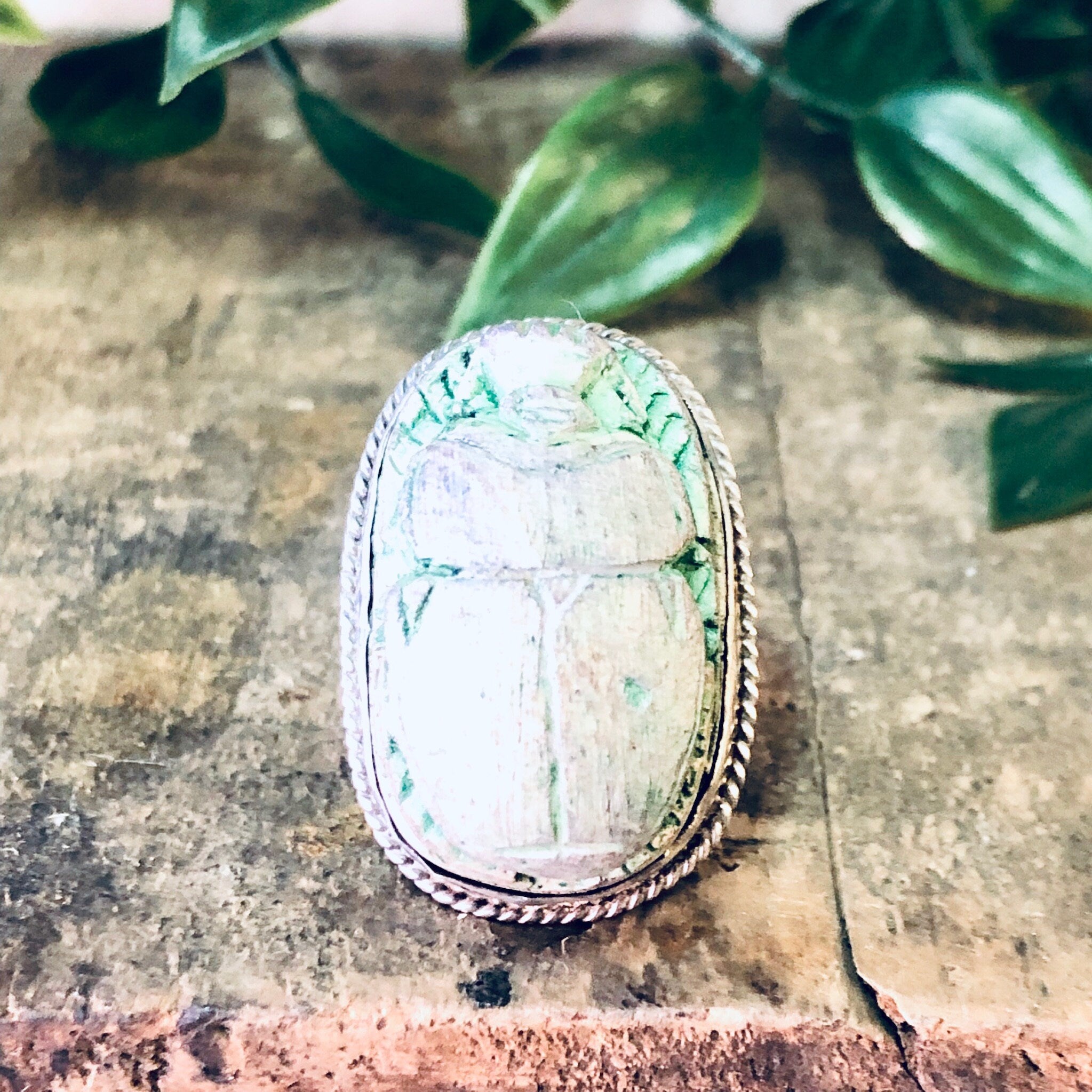 Vintage Ring, Silver Ring, Scarab Ring, Green Scarab, Wooden Scarab, Scarab Bead, Bead Ring, Large Ring, Cocktail Ring, Green Jewelry, 925