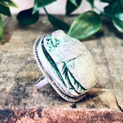 Vintage Ring, Silver Ring, Scarab Ring, Green Scarab, Wooden Scarab, Scarab Bead, Bead Ring, Large Ring, Cocktail Ring, Green Jewelry, 925