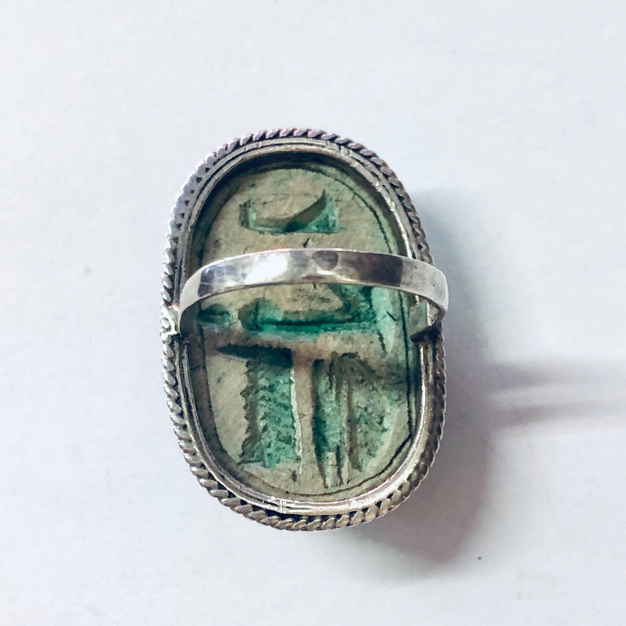 Vintage Ring, Silver Ring, Scarab Ring, Green Scarab, Wooden Scarab, Scarab Bead, Bead Ring, Large Ring, Cocktail Ring, Green Jewelry, 925