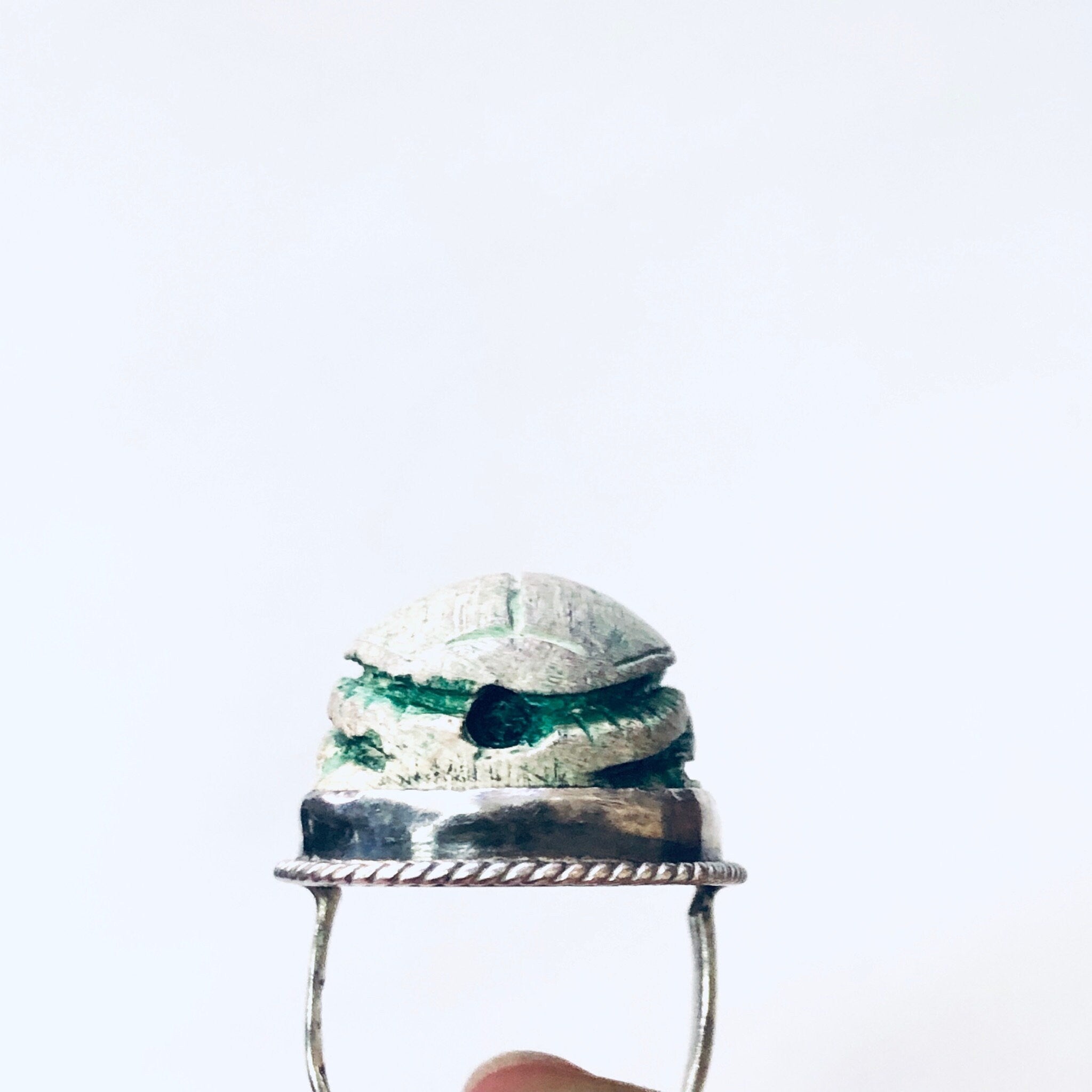 Vintage Ring, Silver Ring, Scarab Ring, Green Scarab, Wooden Scarab, Scarab Bead, Bead Ring, Large Ring, Cocktail Ring, Green Jewelry, 925