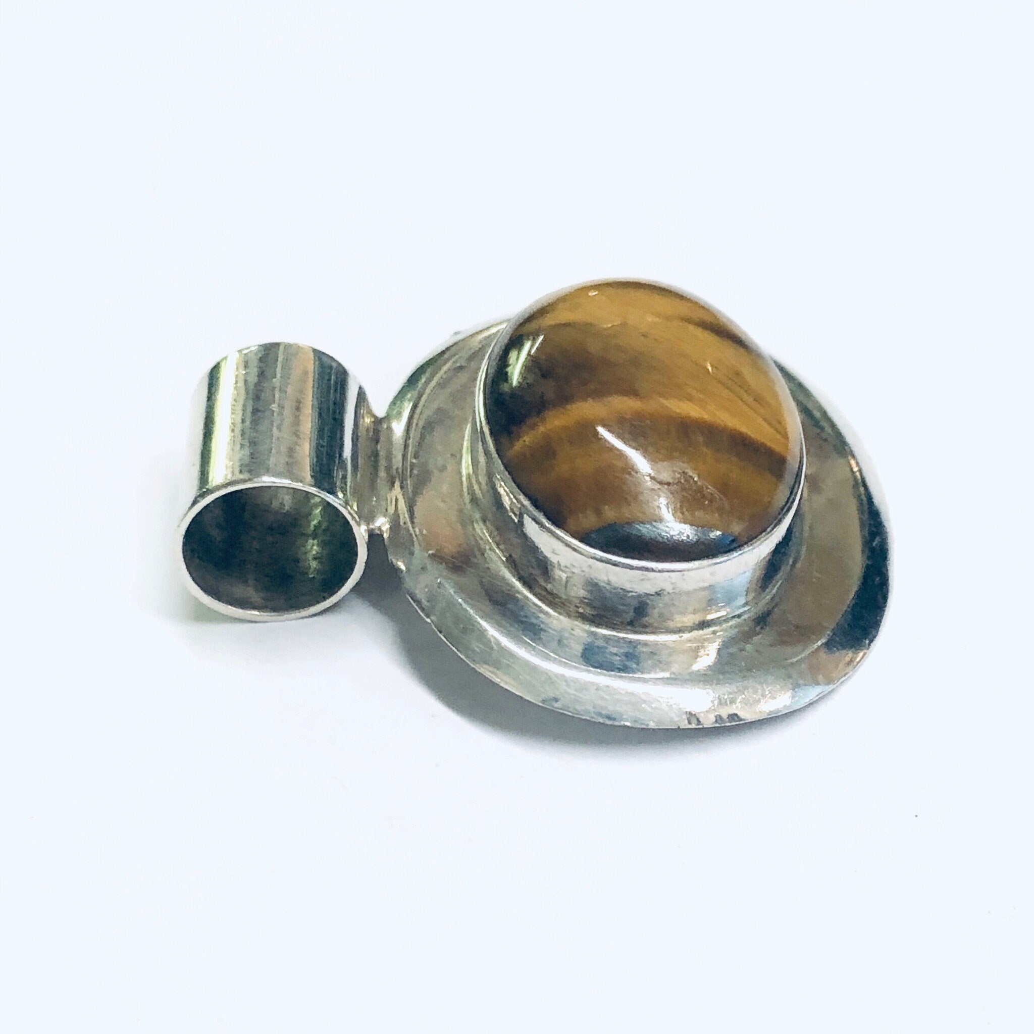 Tigers Eye Pendant, Vintage Silver Pendant, Tigers Eye Jewelry, Vintage Necklace Charm, Oval Shape Pendant