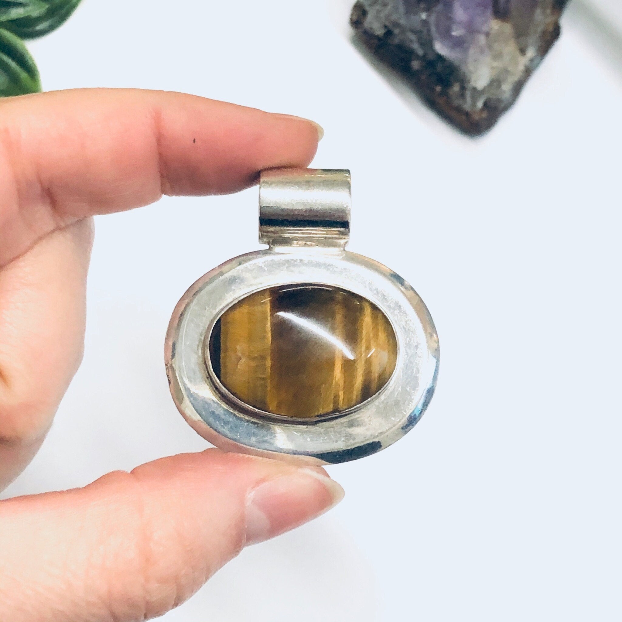 Tigers Eye Pendant, Vintage Silver Pendant, Tigers Eye Jewelry, Vintage Necklace Charm, Oval Shape Pendant