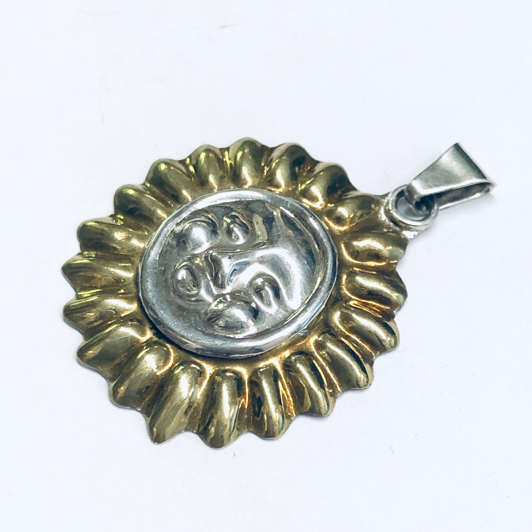 Vintage Sun Pendant, Silver Sun Charm, Sun Face Jewelry, Gold Accent Pendant, Round Sun Pendant, Vintage Necklace