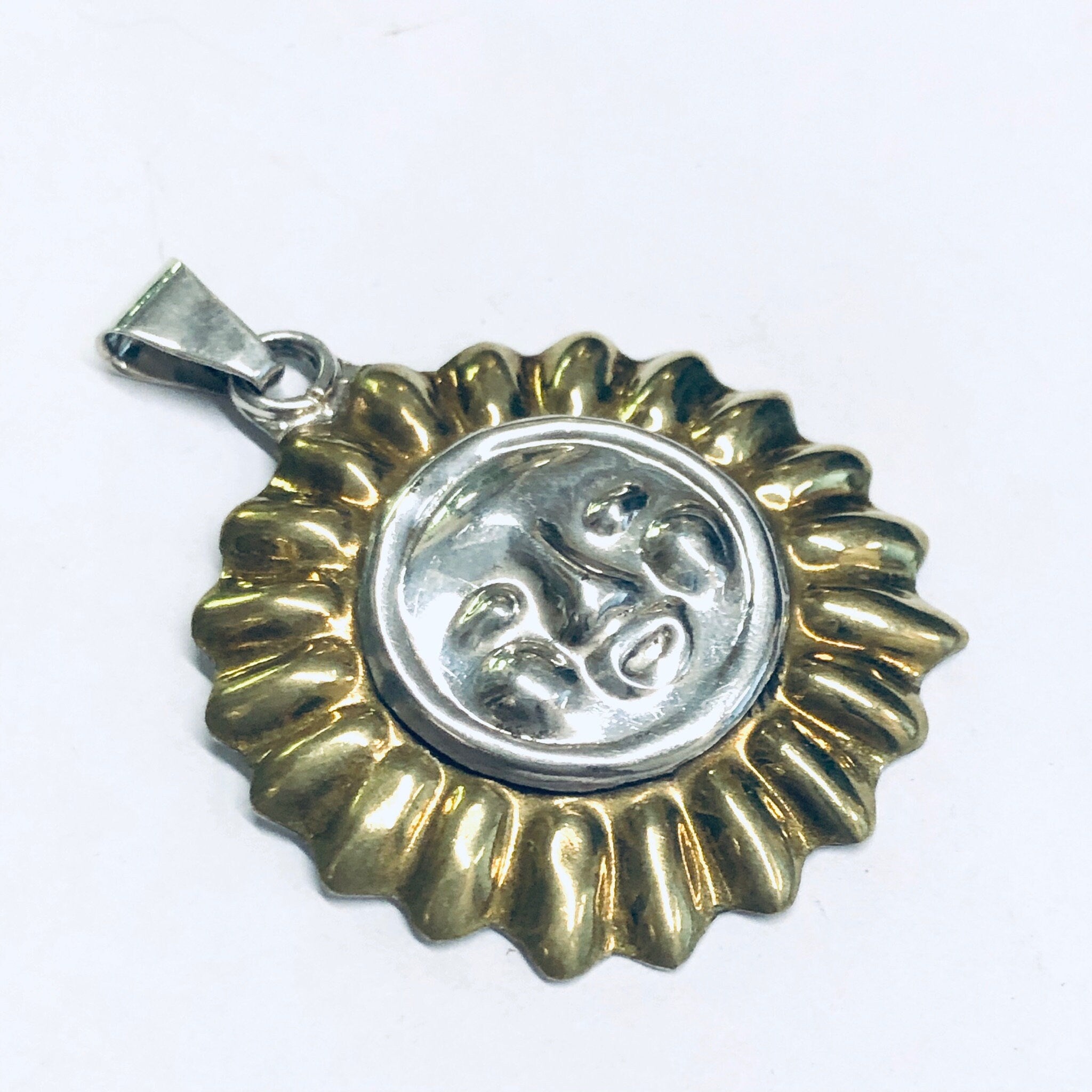 Vintage Sun Pendant, Silver Sun Charm, Sun Face Jewelry, Gold Accent Pendant, Round Sun Pendant, Vintage Necklace