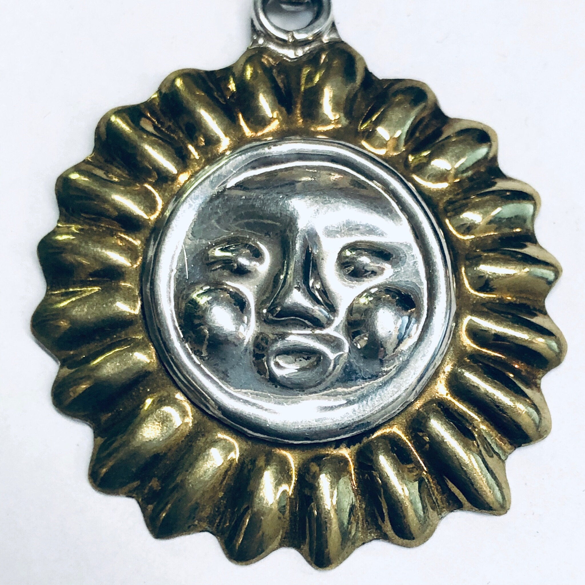 Vintage Sun Pendant, Silver Sun Charm, Sun Face Jewelry, Gold Accent Pendant, Round Sun Pendant, Vintage Necklace