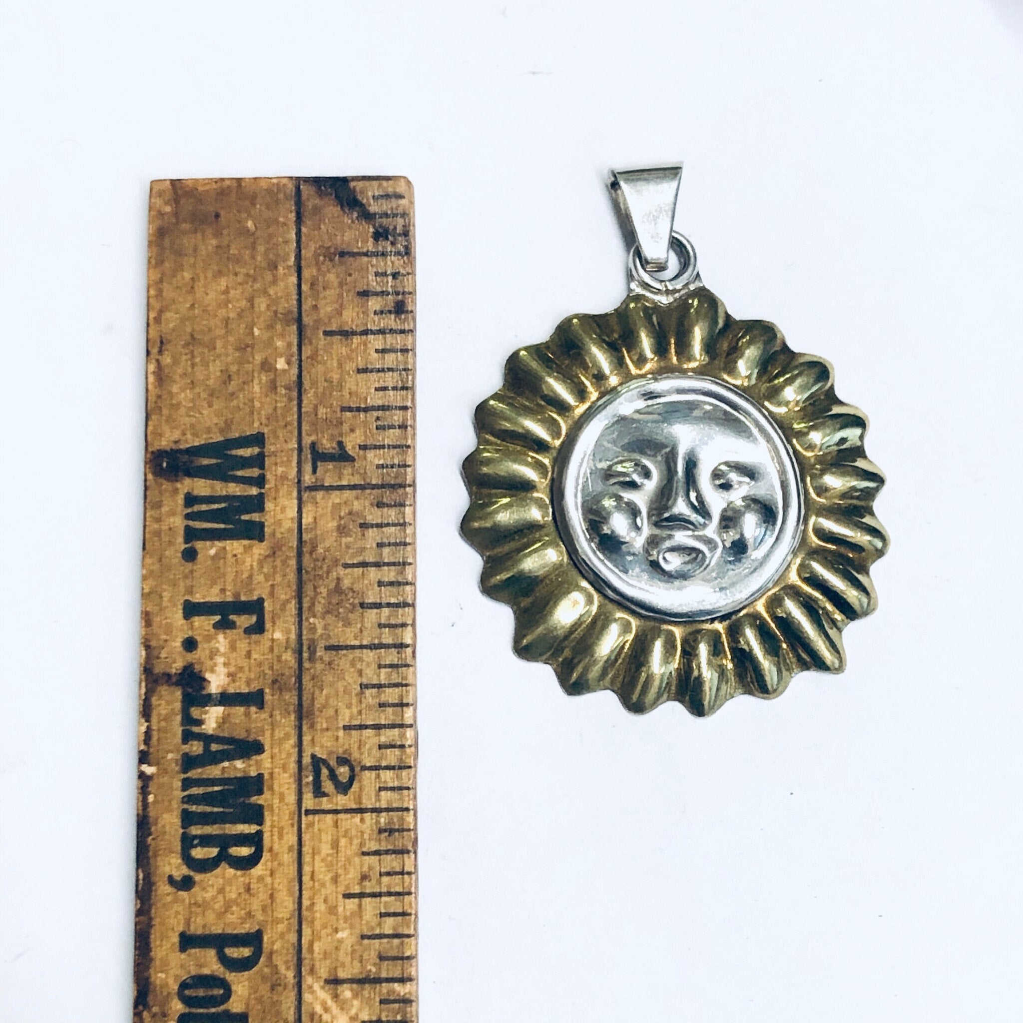 Vintage Sun Pendant, Silver Sun Charm, Sun Face Jewelry, Gold Accent Pendant, Round Sun Pendant, Vintage Necklace