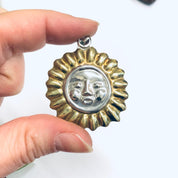 Vintage Sun Pendant, Silver Sun Charm, Sun Face Jewelry, Gold Accent Pendant, Round Sun Pendant, Vintage Necklace