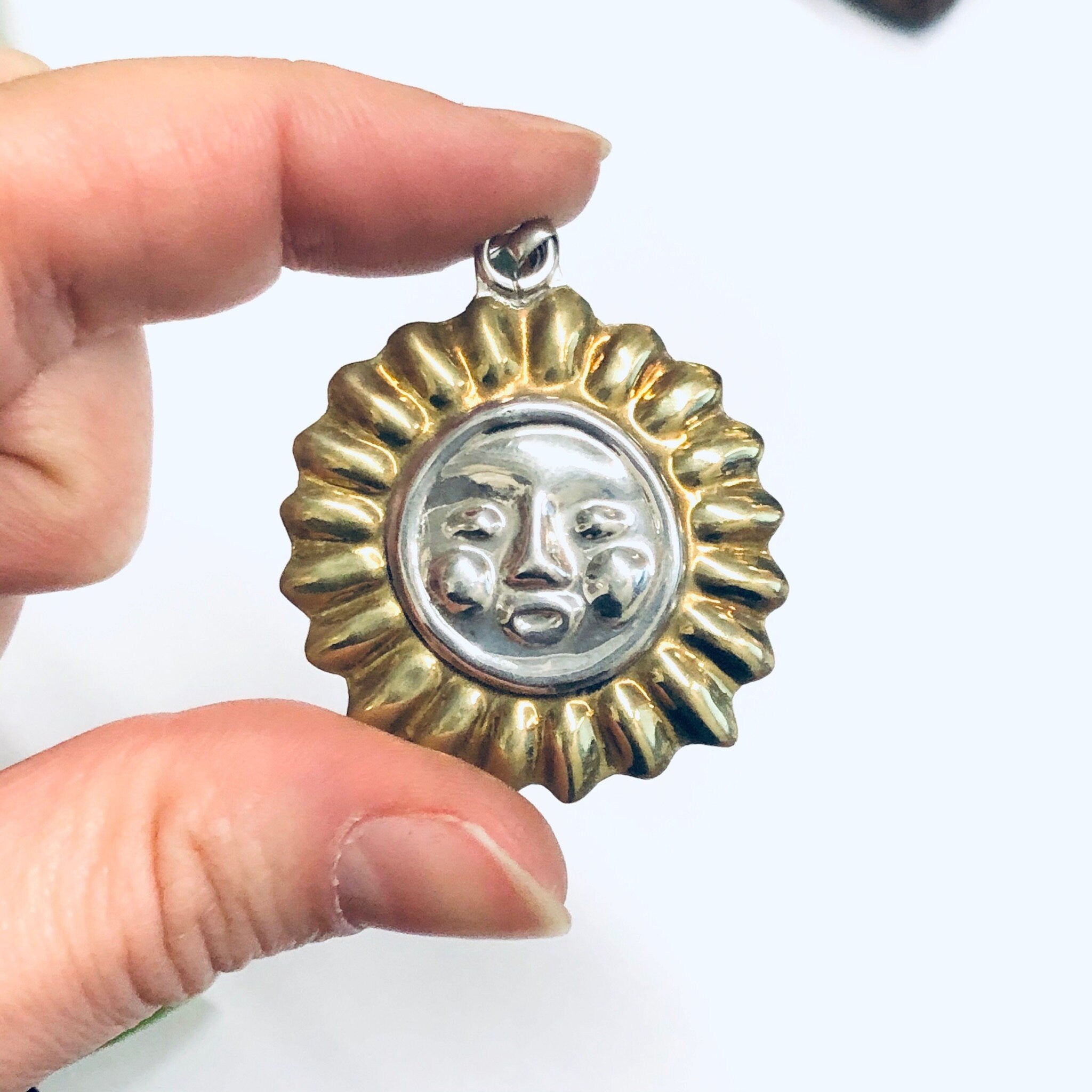 Vintage Sun Pendant, Silver Sun Charm, Sun Face Jewelry, Gold Accent Pendant, Round Sun Pendant, Vintage Necklace
